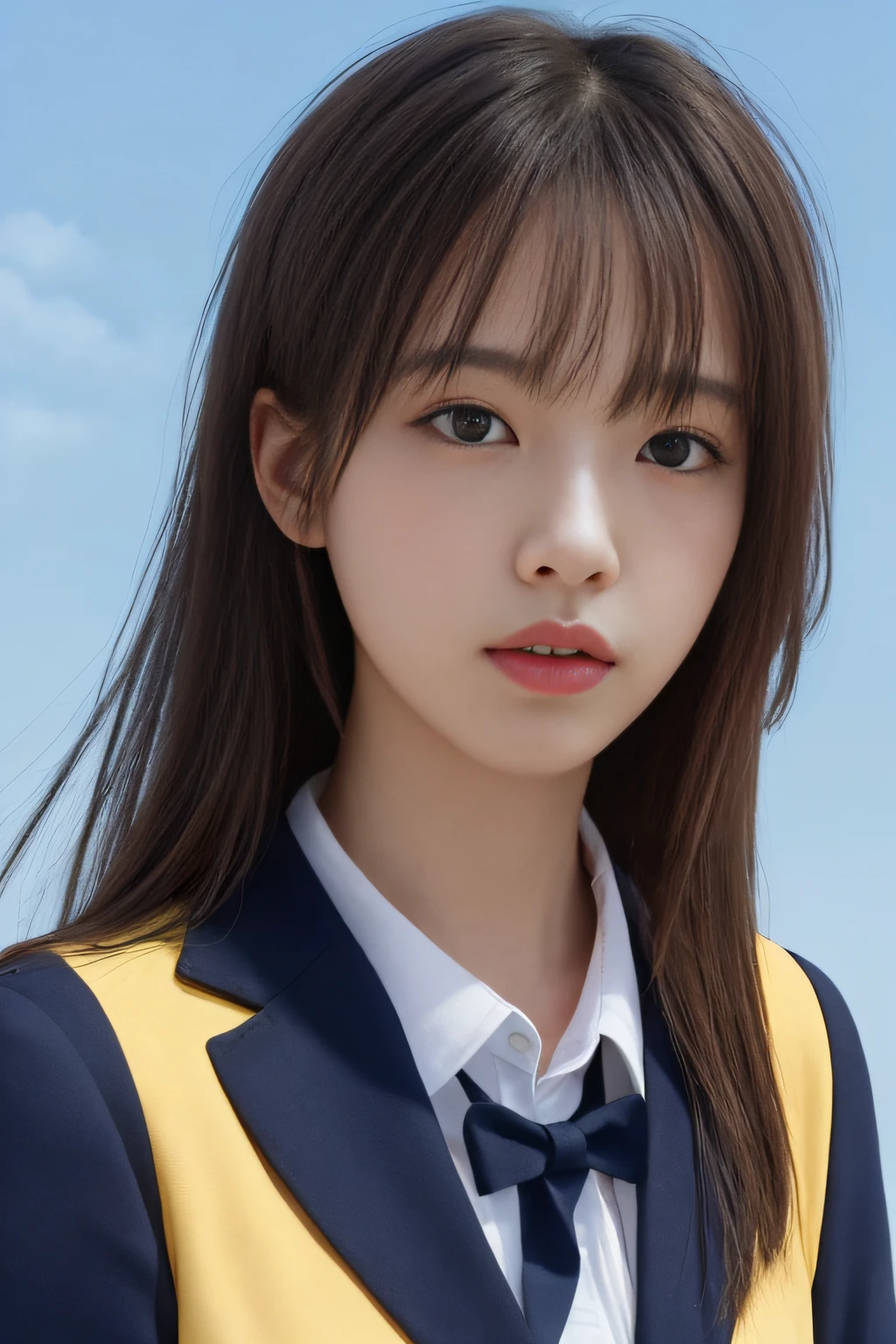 detailed and realistic portrait of a girl with a clean face), (round eyes and long flutters hair shot outside),staring at camera,magical photography, with dramatic lighting, photo realism, Ultra-detailed, intimate portrait composition, (centered image composition),(close up shot:1.6),Best Quality,f/1. 8, 85mm, (18-year-old Asian female), black_heads,(black_eyes:1.2),(bangss),makeups,white_one-piece, (hazy blue_sky_Background with), ((full body shooting)), (Yellow Blazer, bows, Sneakers, Black stockings, High School Uniform: 1.2, )