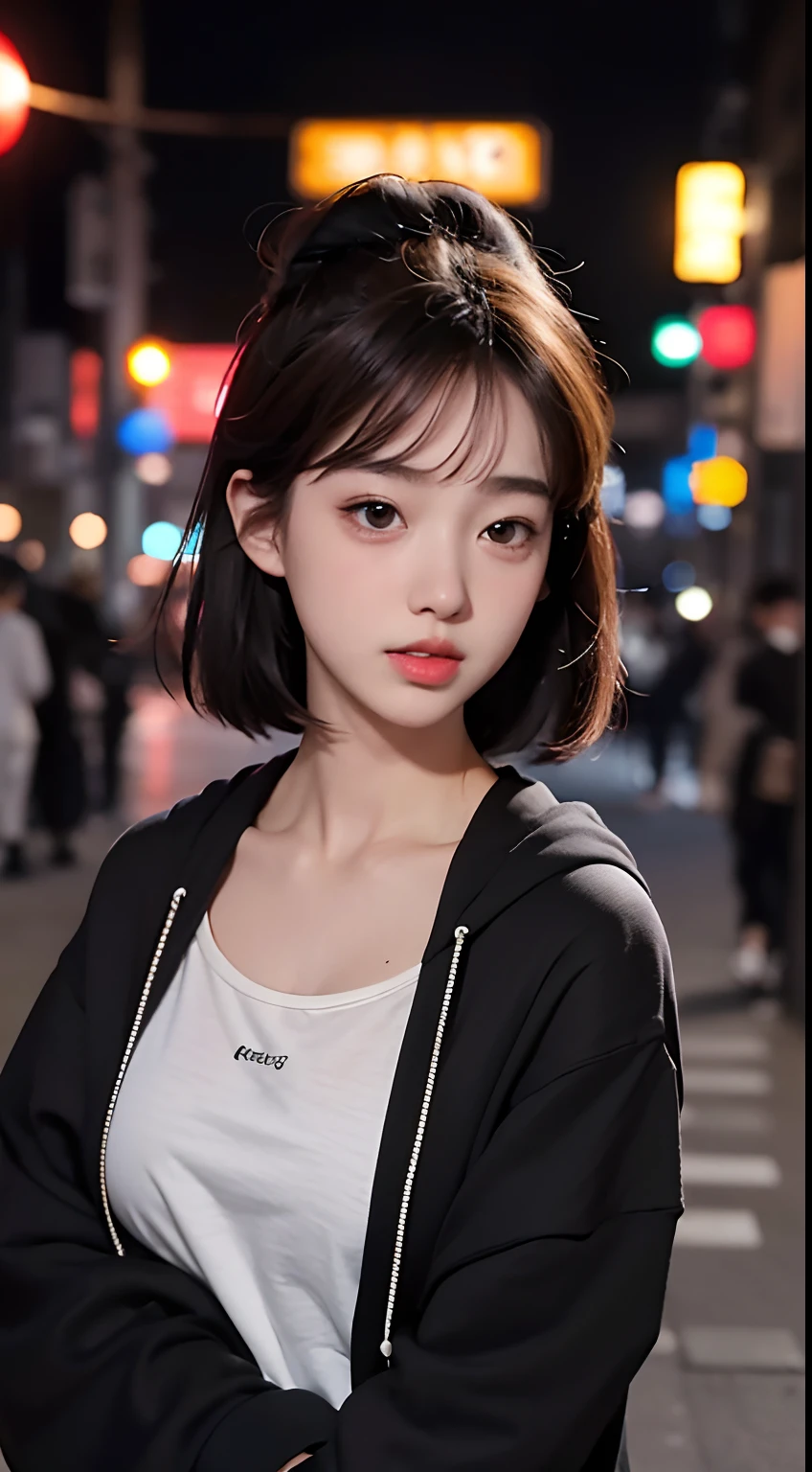 1girll, Tokyo Street,Night, Cityscape,City lights, Upper body,Close-up, 8K, RAW photo, Best quality, Masterpiece,Realistic, photo-realistic, Hoodie, full bodyesbian, Short hair, bangs, all in black