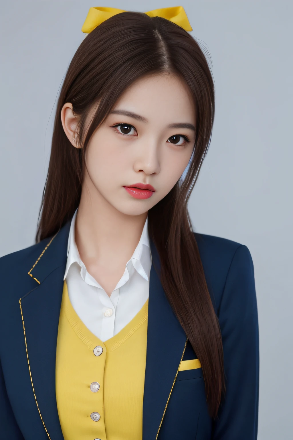 detailed and realistic portrait of a girl with a clean face), (round eyes and long flutters hair shot outside),staring at camera,magical photography, with dramatic lighting, photo realism, Ultra-detailed, intimate portrait composition, (centered image composition),(close up shot:1.6),Best Quality,f/1. 8, 85mm, (18-year-old Asian female), black_heads,(black_eyes:1.2),(bangss),makeups,white_one-piece, (hazy blue_sky_Background with), ((full body shooting)), (Yellow Blazer, bows, Sneakers, Black stockings, High School Uniform: 1.2, )