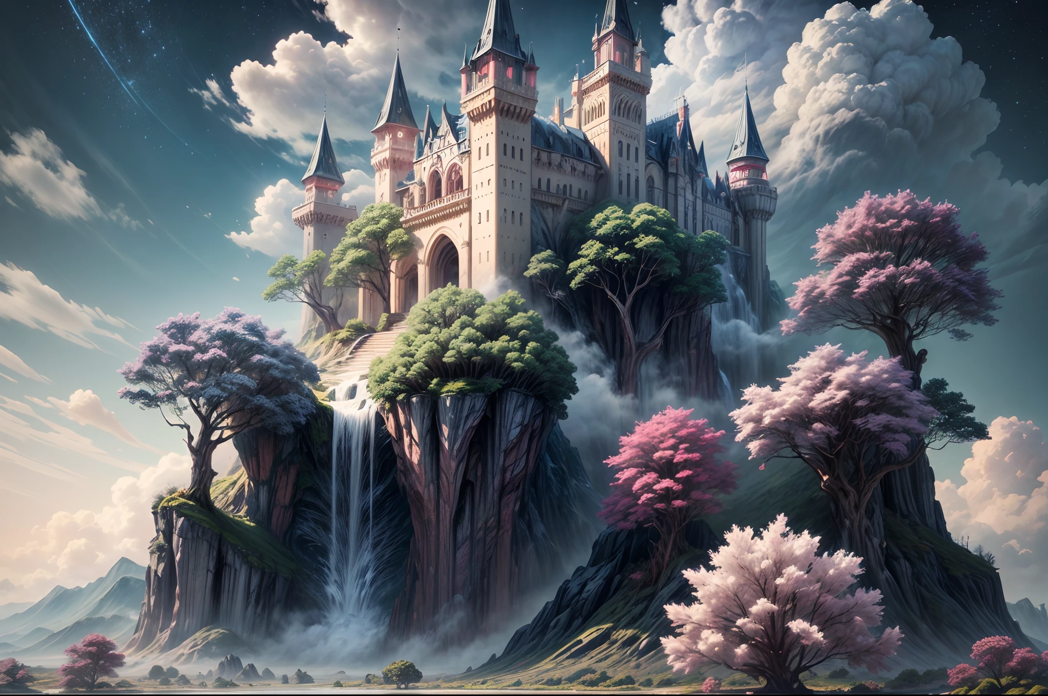 Generate a realistic fantasy landscape with beautiful, ornate romantic buildings, floating islands, crystalline waterfalls streaming from the floating islands, and a dreamy landscape of highly detailed flowers and dreamy watercolors. This is the (((romantic))) realm of the gods. (((The castles look like they are carved from shimmering marble, with distinct and complex details adding to their realism.))) Cotton candy clouds wisp into beautiful glittering stars across the colorful sky, with mesmerizing pink and purple celestial lights creating an enchanting atmosphere. Include many different levels and high visual interest. The environment is large and awe-inspiring, and this is a macro shot. The general ambience is peace, tranquility, and highly detailed sweetness. Include interesting fantasy elements with colors that complement the rest of the landscape. The sky should be very detailed. The landscape should very detailed. All buildings should be ornate with complex and intricate details. Include a luminous and magical atmosphere, magic bubbles, shimmering colors, many small fantasy details including iridescence, expertly created majestic landscapes, and shimmer and glimmer. Include lots of vibrant colors and vaguely surreal details. Camera: Utilize dynamic composition to create interest and excitement. CGI, unreal engine, unity engine, (((masterpiece))), high resolution, 8k, best quality, high quality, highres, 16, RAW, ultra highres, ultra details, finely detail, an extremely delicate and beautiful, extremely detailed, real shadow, anime, highly detailed painted, award-winning glamour painting, wonderful painting, art style, stylized