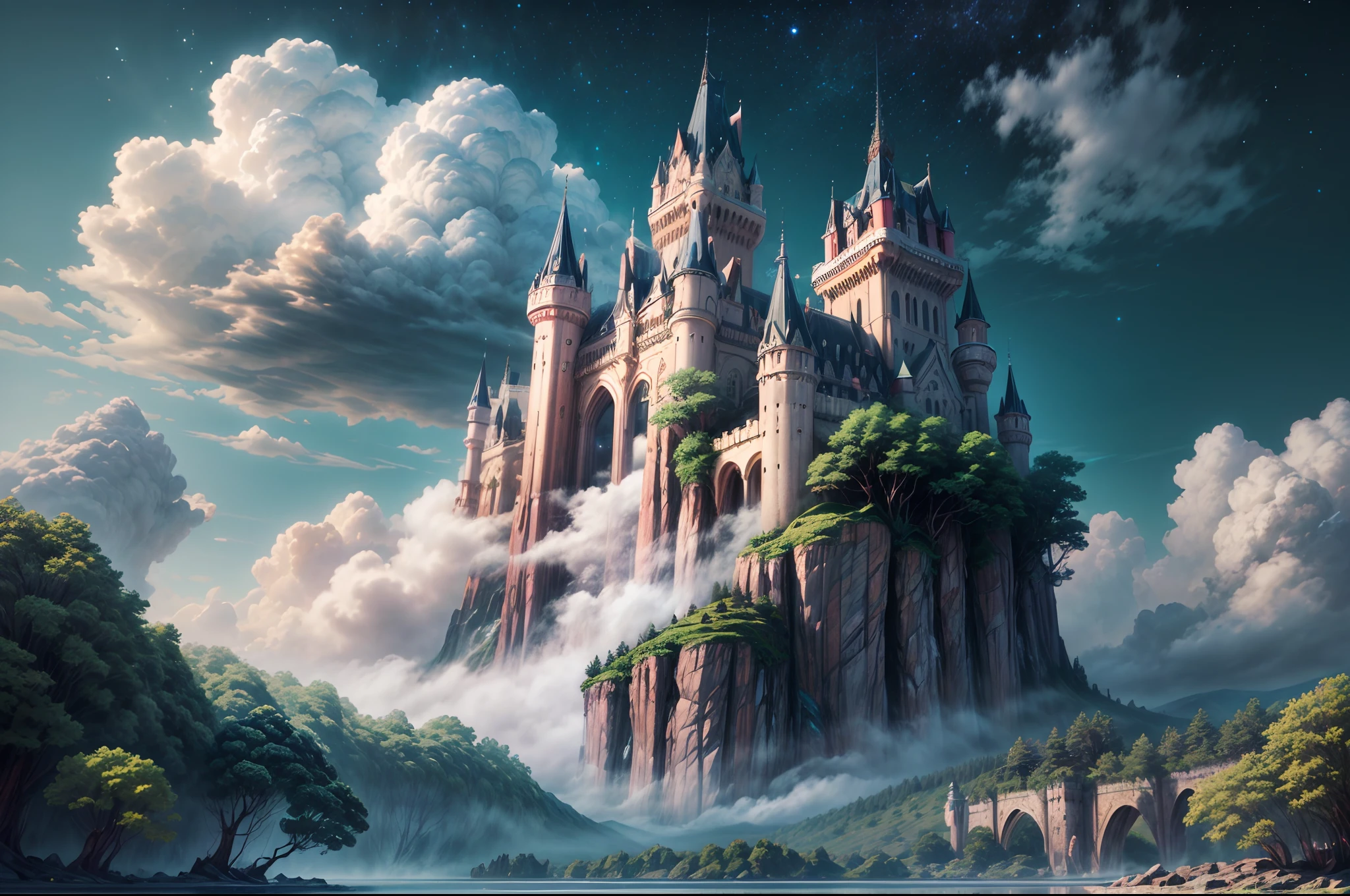 Generate a realistic fantasy landscape with beautiful, ornate romantic buildings, floating islands, crystalline waterfalls streaming from the floating islands, and a dreamy landscape of highly detailed flowers and dreamy watercolors. This is the (((romantic))) realm of the gods. (((The castles look like they are carved from shimmering marble, with distinct and complex details adding to their realism.))) Cotton candy clouds wisp into beautiful glittering stars across the colorful sky, with mesmerizing pink and purple celestial lights creating an enchanting atmosphere. Include many different levels and high visual interest. The environment is large and awe-inspiring, and this is a macro shot. The general ambience is peace, tranquility, and highly detailed sweetness. Include interesting fantasy elements with colors that complement the rest of the landscape. The sky should be very detailed. The landscape should very detailed. All buildings should be ornate with complex and intricate details. Include a luminous and magical atmosphere, magic bubbles, shimmering colors, many small fantasy details including iridescence, expertly created majestic landscapes, and shimmer and glimmer. Include lots of vibrant colors and vaguely surreal details. Camera: Utilize dynamic composition to create interest and excitement. CGI, unreal engine, unity engine, (((masterpiece))), high resolution, 8k, best quality, high quality, highres, 16, RAW, ultra highres, ultra details, finely detail, an extremely delicate and beautiful, extremely detailed, real shadow, anime, highly detailed painted, award-winning glamour painting, wonderful painting, art style, stylized