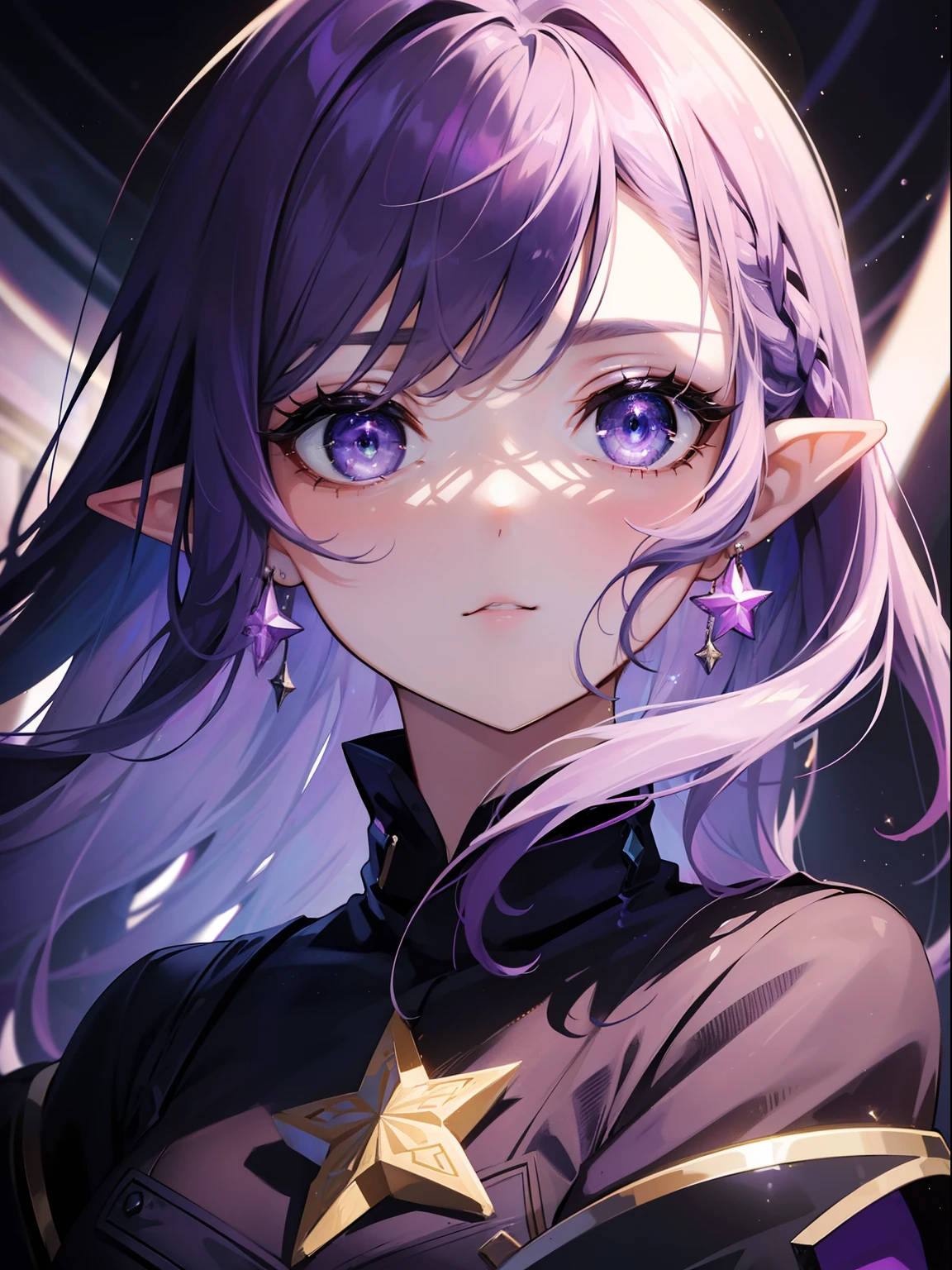 (Masterpiece, Best Quality, Ultra High Resolution),1girl,pointy ears, purple hair, star print shirt, beautiful and detailed face, detailed eyes