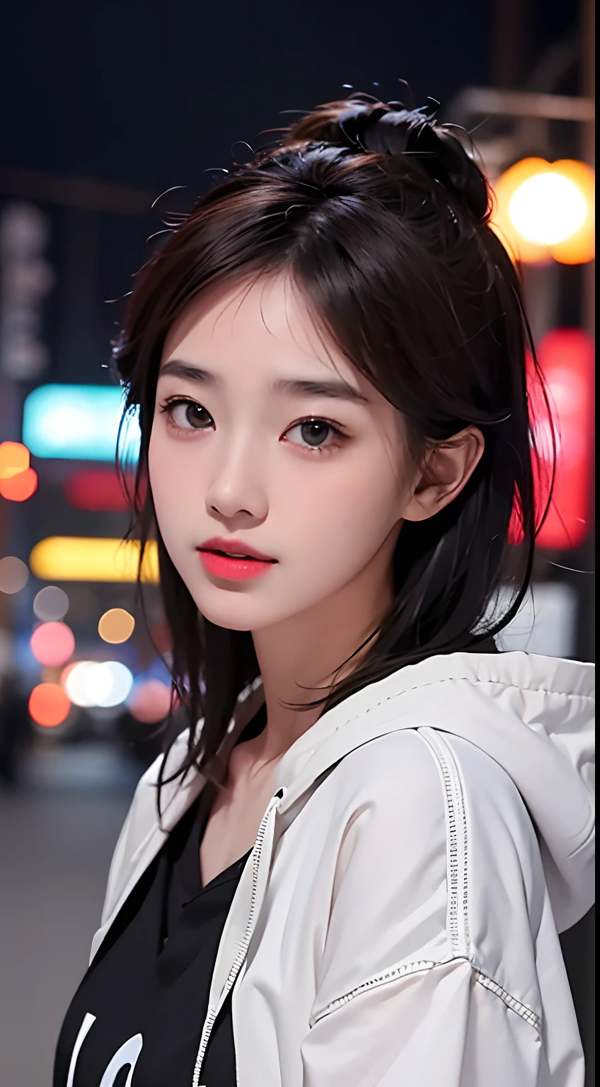 1girll, Tokyo Street,Night, Cityscape,City lights, Upper body,Close-up, 8K, RAW photo, Best quality, Masterpiece,Realistic, photo-realistic, Hoodie, full bodyesbian, Short hair, bangs, all in black
