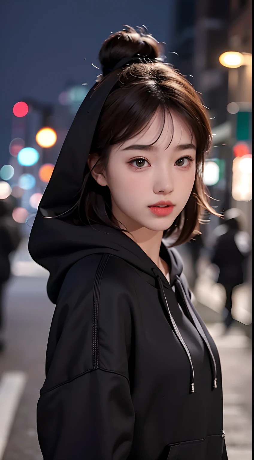 1girll, Tokyo Street,Night, Cityscape,City lights, Upper body,Close-up, 8K, RAW photo, Best quality, Masterpiece,Realistic, photo-realistic, Hoodie, full bodyesbian, Short hair, bangs, all in black
