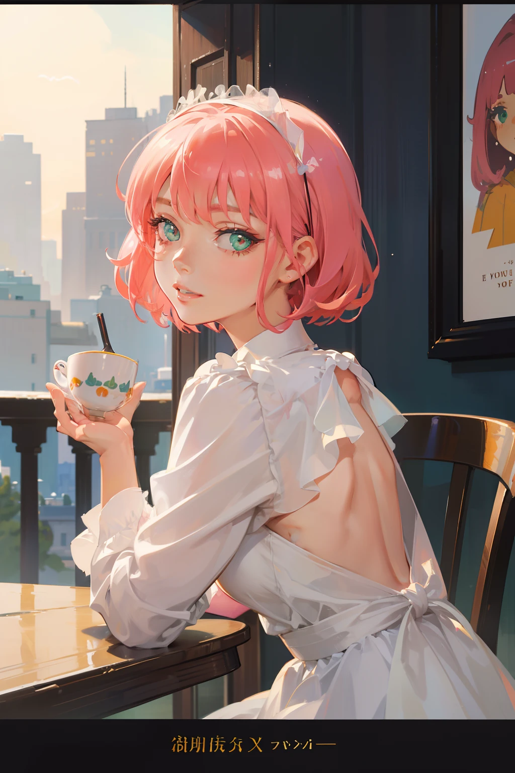 (Best quality), (masterpiece), (ultra detail), (movie poster), A cute girl, highly detailed face, determined face, green crystal eyes, pink hair, upper body, very very short hair like Audrey Hepburn in Sabrina, enjoying cozy time having a cup of coffee in the terrace seat of cut cafeteria, detailed back ground, sun shine droplets