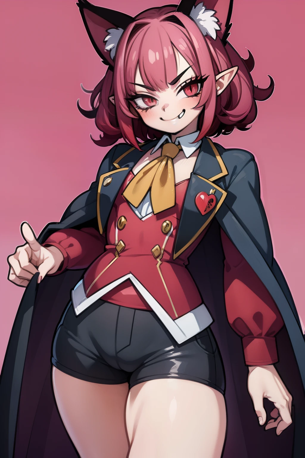 Anime character, high detail, Detailed art style, (smug smile:1.4), vampire fangs, elf ears, short red curly hair, little chest, tailcoat, Short shorts, full length, the perfect body,