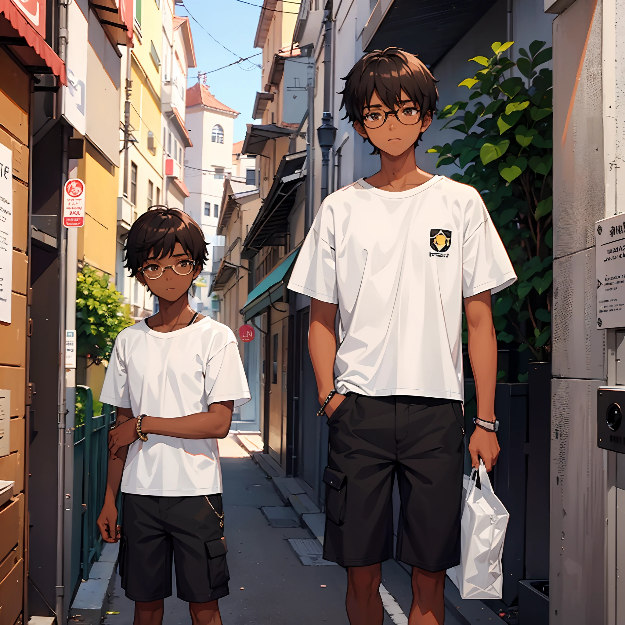 1boy, tanned brown skin,black eyes,brazilian,teenager,using glasses,white t shirt,black cargo pants