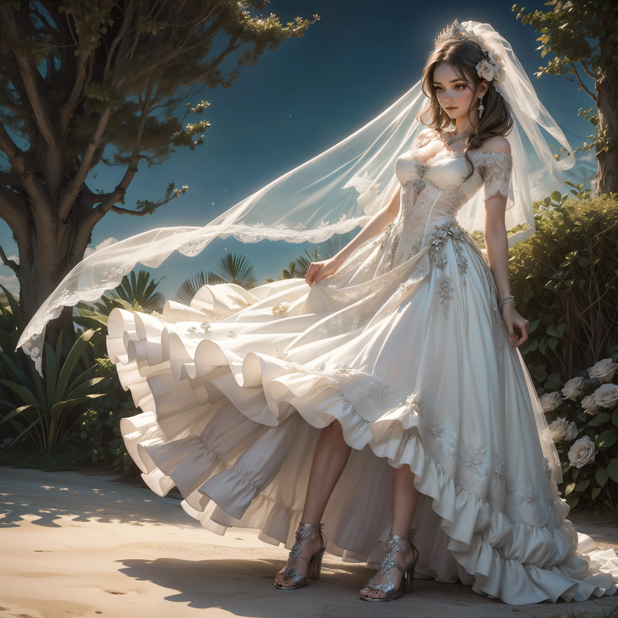 Bride with Boho line wedding dress, short dress, fantasy Tinker bells inspired wedding dress. Flower looking loosely floating skirt, flower looking short sleeves, heart neckline, creamy silk and lace. Silver jewelry with emeralds, silver tiara, medium long lace veil. Silver sandals. Highly detailed. -