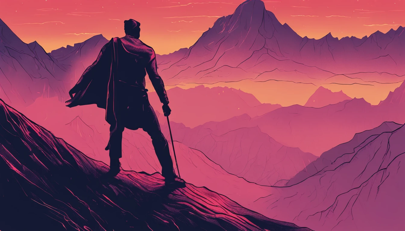 MAKE A HAND-DRAWN IMAGE OF A MAN IN A CAPE CLIMBING A DARK MOUNTAIN.