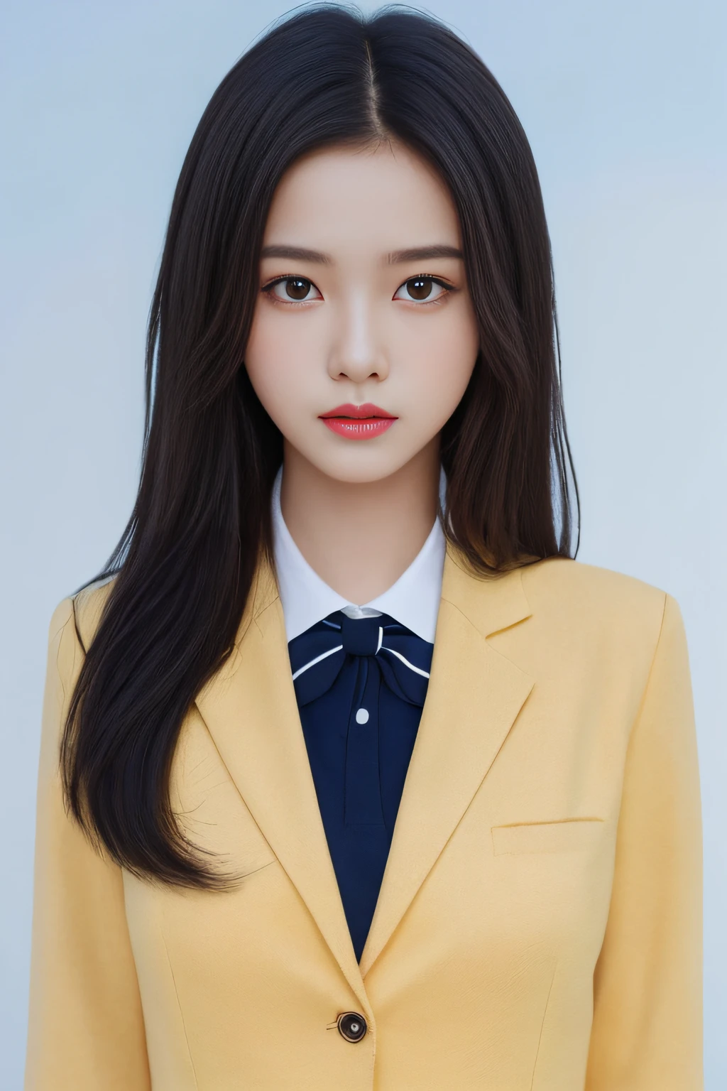 detailed and realistic portrait of a girl with a clean face), (round eyes and long flutters hair shot outside),staring at camera,magical photography, with dramatic lighting, photo realism, Ultra-detailed, intimate portrait composition, (centered image composition),(close up shot:1.6),Best Quality,f/1. 8, 85mm, (18-year-old Asian female), black_heads,(black_eyes:1.2),(bangss),makeups,white_one-piece, (hazy blue_sky_Background with), ((full body shooting)), (Yellow Blazer, bows, Sneakers, Black stockings, High School Uniform: 1.2, )