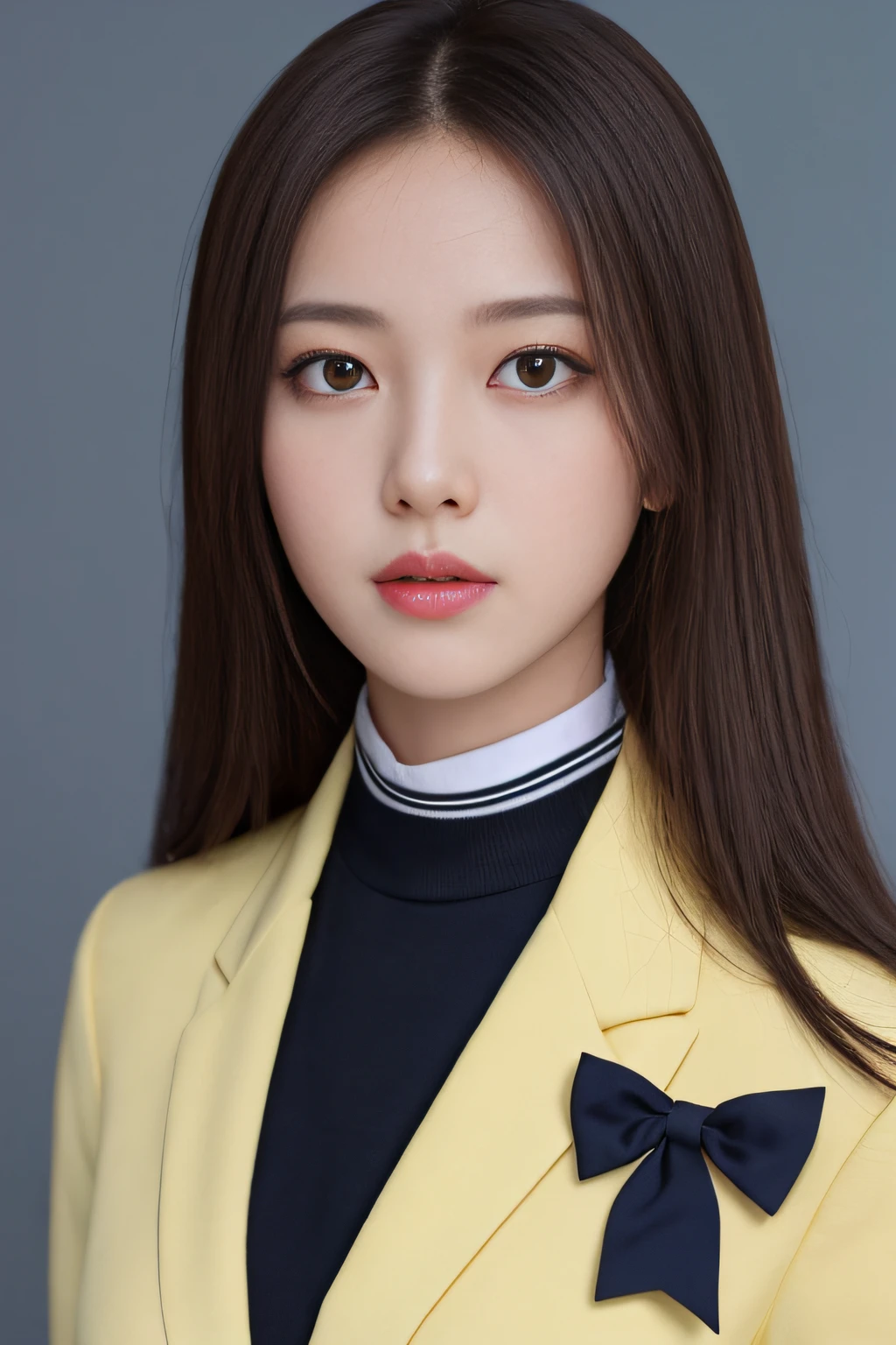 detailed and realistic portrait of a girl with a clean face), (round eyes and long flutters hair shot outside),staring at camera,magical photography, with dramatic lighting, photo realism, Ultra-detailed, intimate portrait composition, (centered image composition),(close up shot:1.6),Best Quality,f/1. 8, 85mm, (18-year-old Asian female), black_heads,(black_eyes:1.2),(bangss),makeups,white_one-piece, (hazy blue_sky_Background with), ((full body shooting)), (Yellow Blazer, bows, Sneakers, Black stockings, High School Uniform: 1.2, )