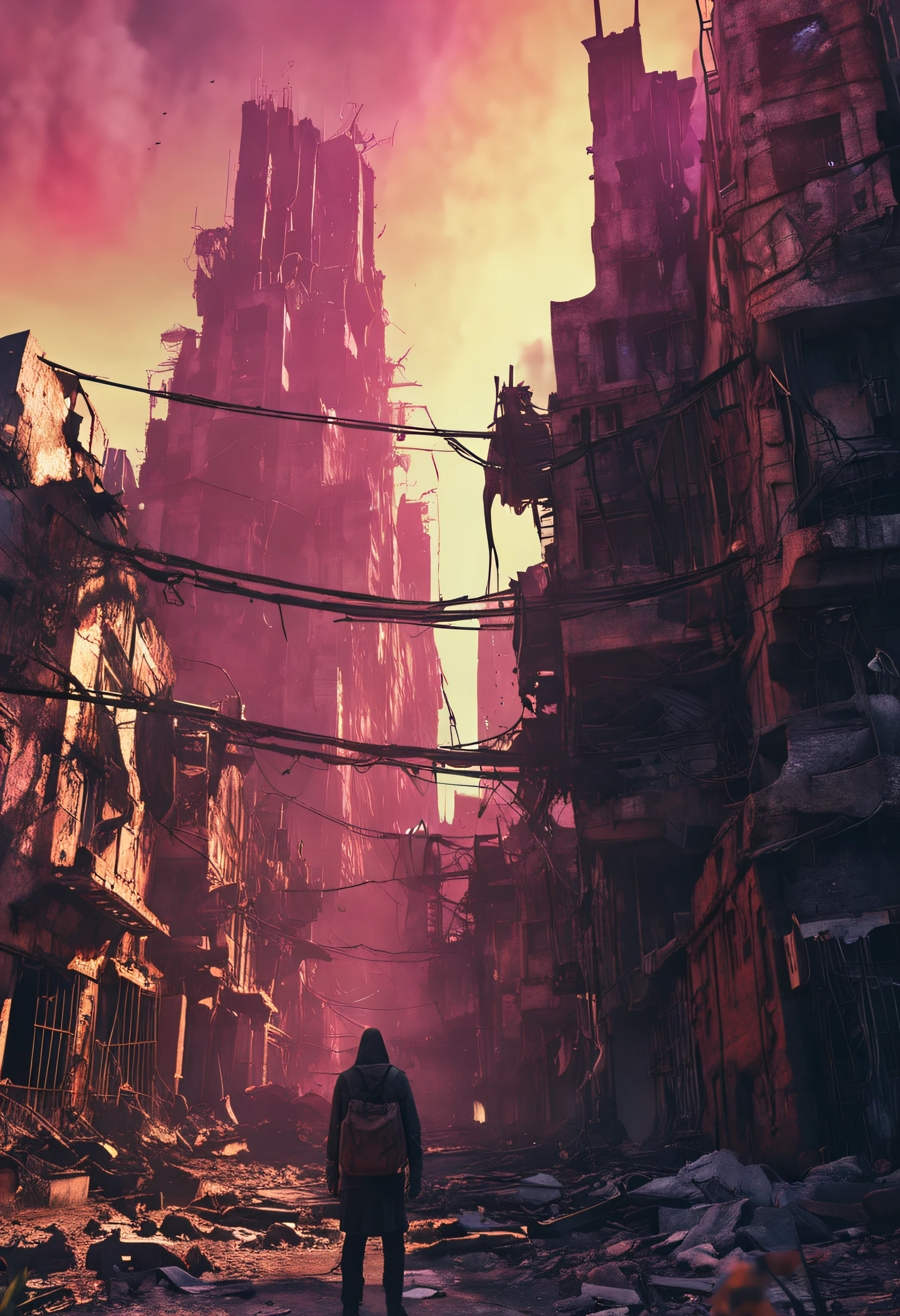 A ruined city with darkpunk style, cyberpunk