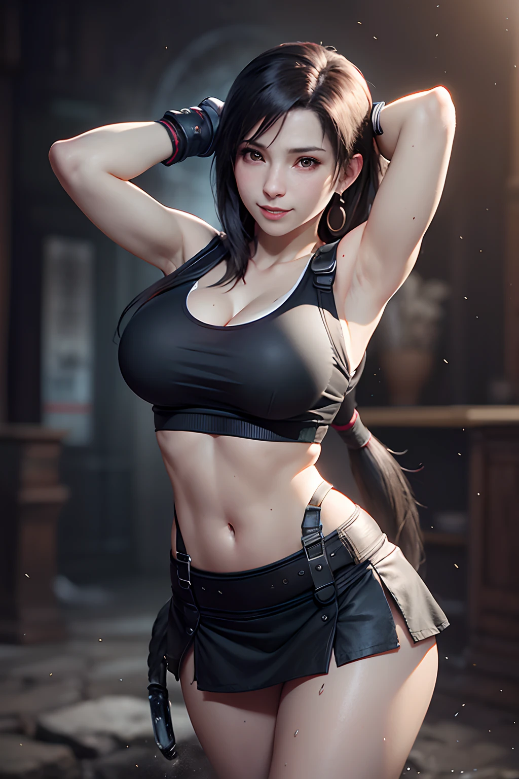 Nature photography of a beautiful girl,Photorealsitic, Photography, path tracing, Specular lighting, Volumetric face light, Past-Traced Hair, Visible shadows, Convoluted, Elaborate, one girls, 
(( Final Fantasy 7R,Tifa Lockhart)), Sunshine, Cinematic、Cool pose, A dark-haired, 爆乳, the perfect body, Black skirt, Wet white tank top, 
Full Body Portrait 1.1，Sheer, sexually arousing, Sex Expressions, Functional, opening legs, a smile,