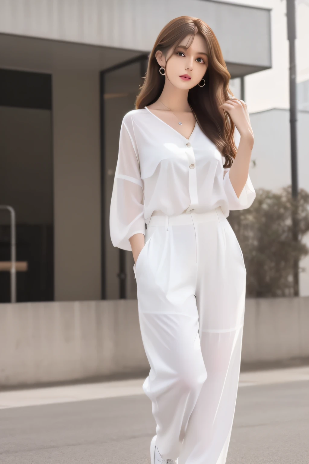 A tall and beautiful woman with dark brown hair,Loose wave shape,white button-down blouse,obi strip,black long pants,White sneakers(Modern architecture in background),Beautifully rendered details in face and skin textures,Detailed eyes,二重まぶた,Full body photo,Coveralls,guard