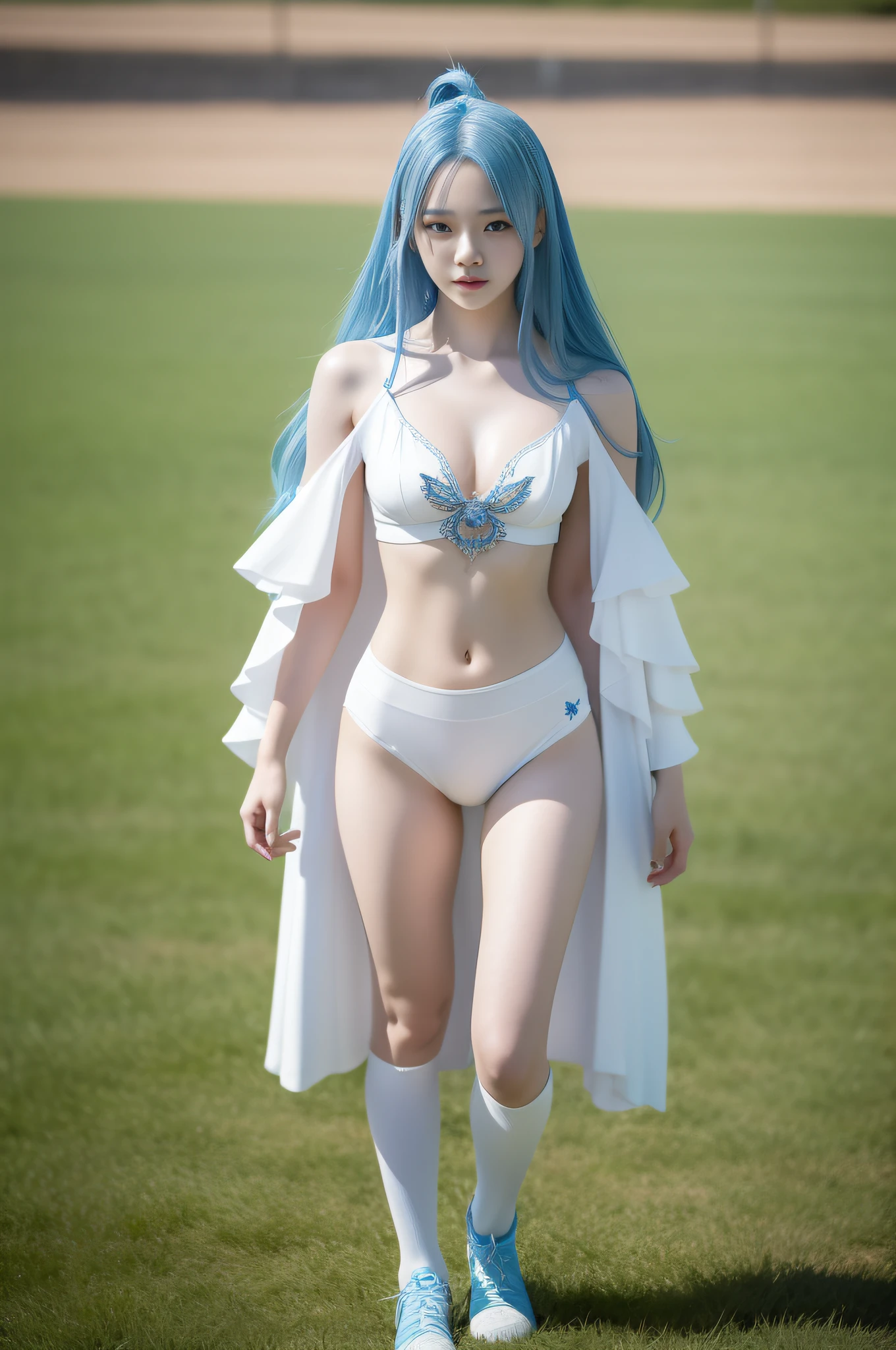"Full body view of 18 years old Kim Chaewon as a young girl in a white sexy revealing fantasy clothes with blue hair. She is standing confidently on a field, with a slight exposure of her midriff and a petite figure. The photo is captured in UHD 4K, exhibiting exquisite details."