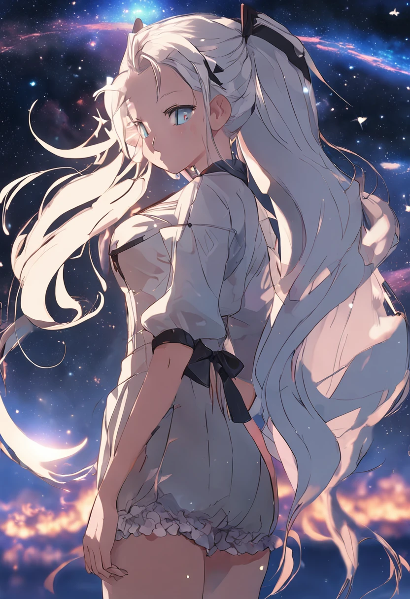 1girl, meryl, twin tails, absurdres, 8k, high detail, starry sky background, long white hair, best quality, large breasts, facing viewer, looking forward