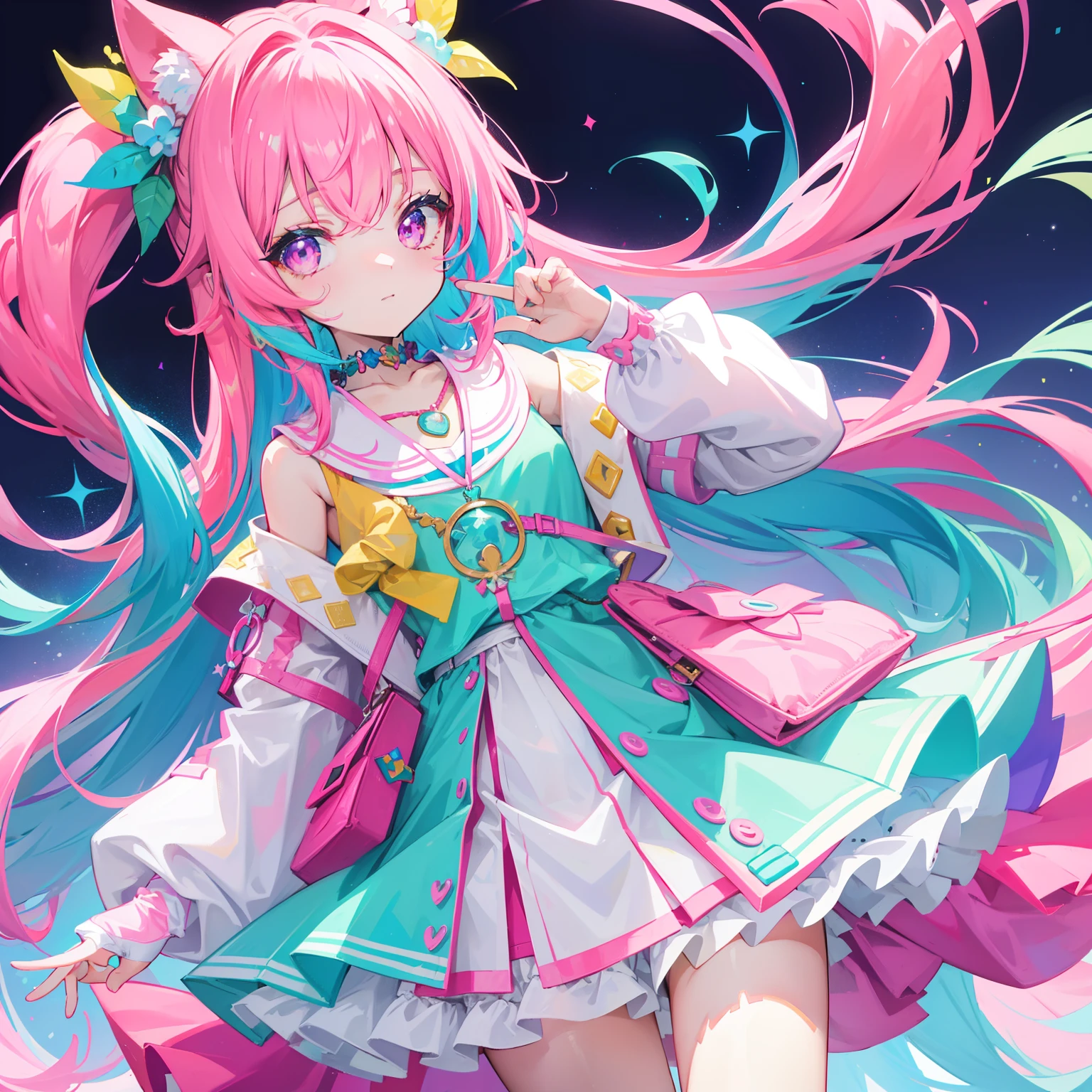 A multicolored light background,Long hair with a bright pink purple transparent gum texture,in pink、Matching blue and white clothes,yellow and greens,Cyan matching accessory pendant embellishment,It is a very sweet and sweet li girl