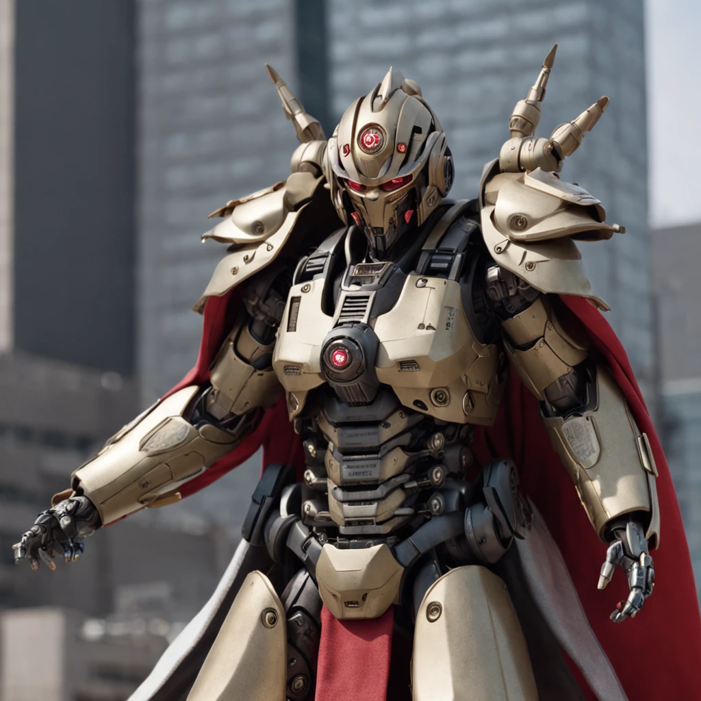 battle mech,cyborg, robot BREAK Shinsengumi Haori  samurai BREAK wearing (robe:1.2) cape, heavily armored cyber helmet,sci-fi weapons,corporate logos, city in background,fcPortrait
