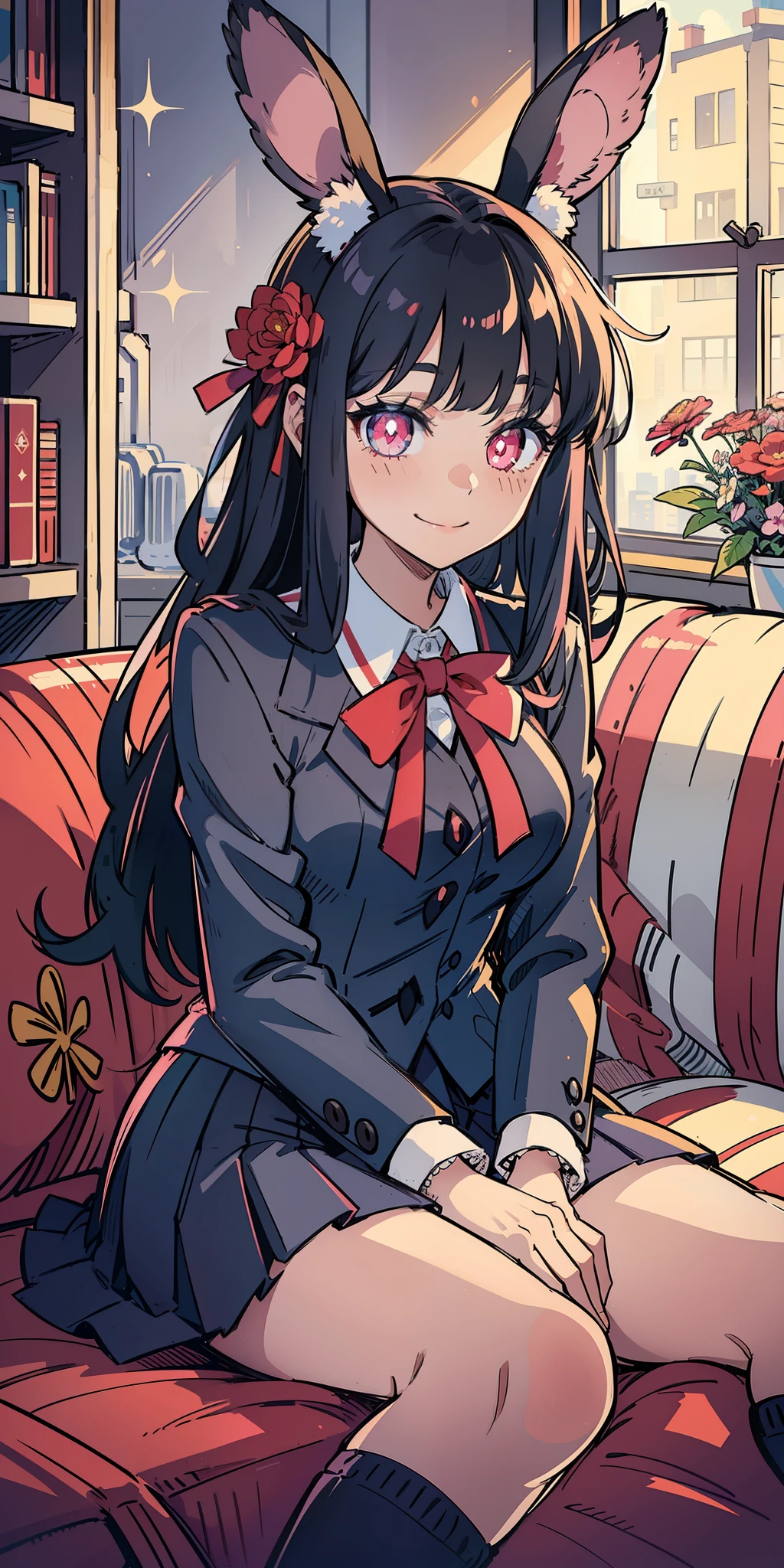girls,Long black fluffy hair,ssmile,Be red in the face,Pink pupils,Rabbit ears JK uniform,flower bouquet,Ribbon filament,Glitter,Sitting on the sofa Lovely details of the clothes