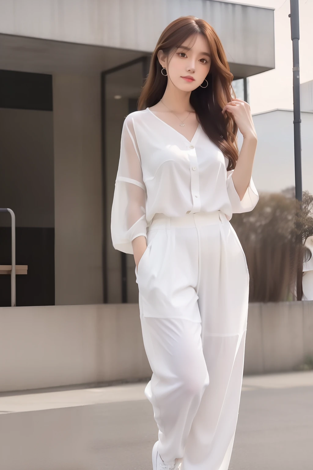 A tall and beautiful woman with dark brown hair，Loose wave shape，white button-down blouse，obi strip，black long pants，White sneakers（Modern architecture in background），Beautifully rendered details in face and skin textures，Detailed eyes，二重まぶた，Full body photo，Coveralls，guard