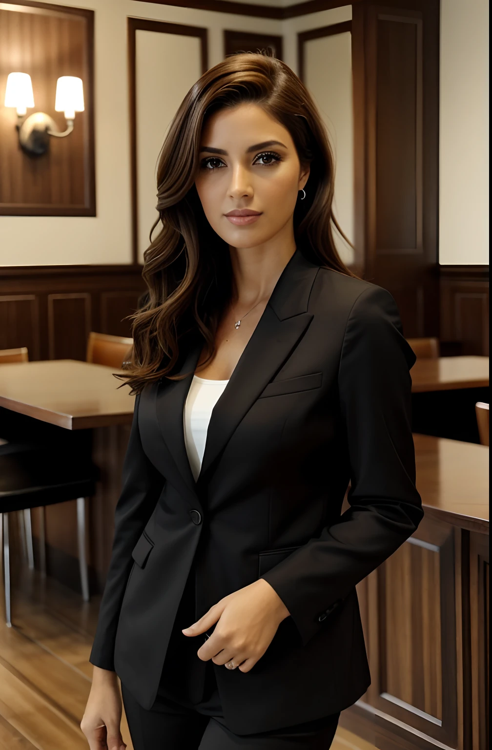 1 mulher adulta, cabelo comprido, cabelo cacheado, cabelo cor preto, pele suave, olhos castanhos, sorrir, vegetation, Occasional, Businesswoman style clothes, blaser marrom claro, realista, com fundo em um restaurante chique, 8k super realista, super detalhado e realista