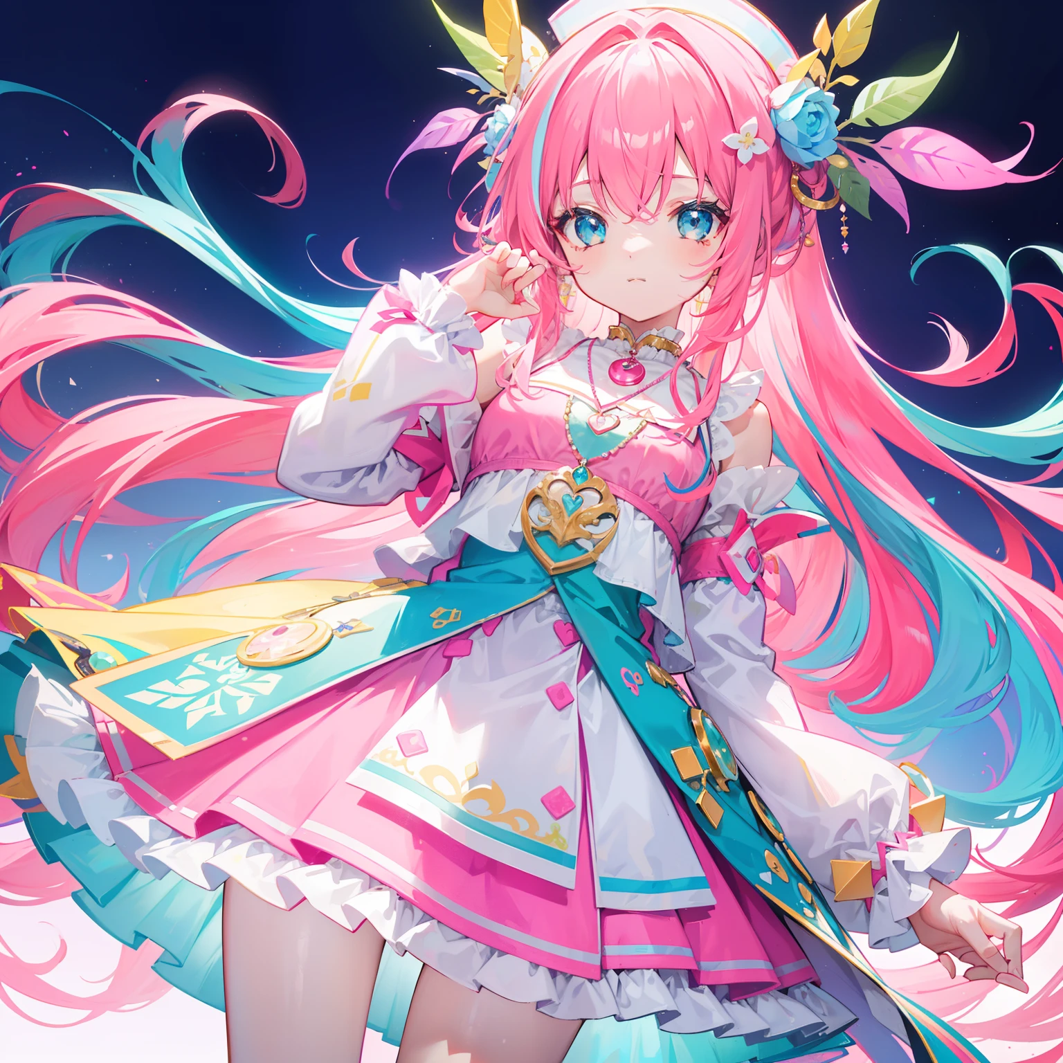 Colorful light background,long whitr hair,Has a bright pinkish-purple transparent gum texture,In pink、Wear yours with blue and white,yellow and greens,Cyan matching accessories pendant decoration,This is a very sweet and sweet loli girl