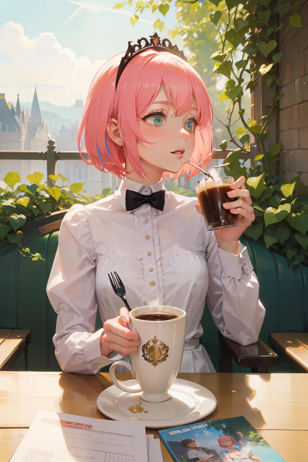 (Best quality), (masterpiece), (ultra detail), (movie poster), A cute girl, highly detailed face, determined face, green crystal eyes, pink hair, upper body, very very short hair like Audrey Hepburn in Sabrina, enjoying cozy time having a cup of coffee in the garden terrace seat of cut cafeteria, detailed back ground, a lot of sun shine droplets, colorful rays of sunshine, accompanied by a cut small cat