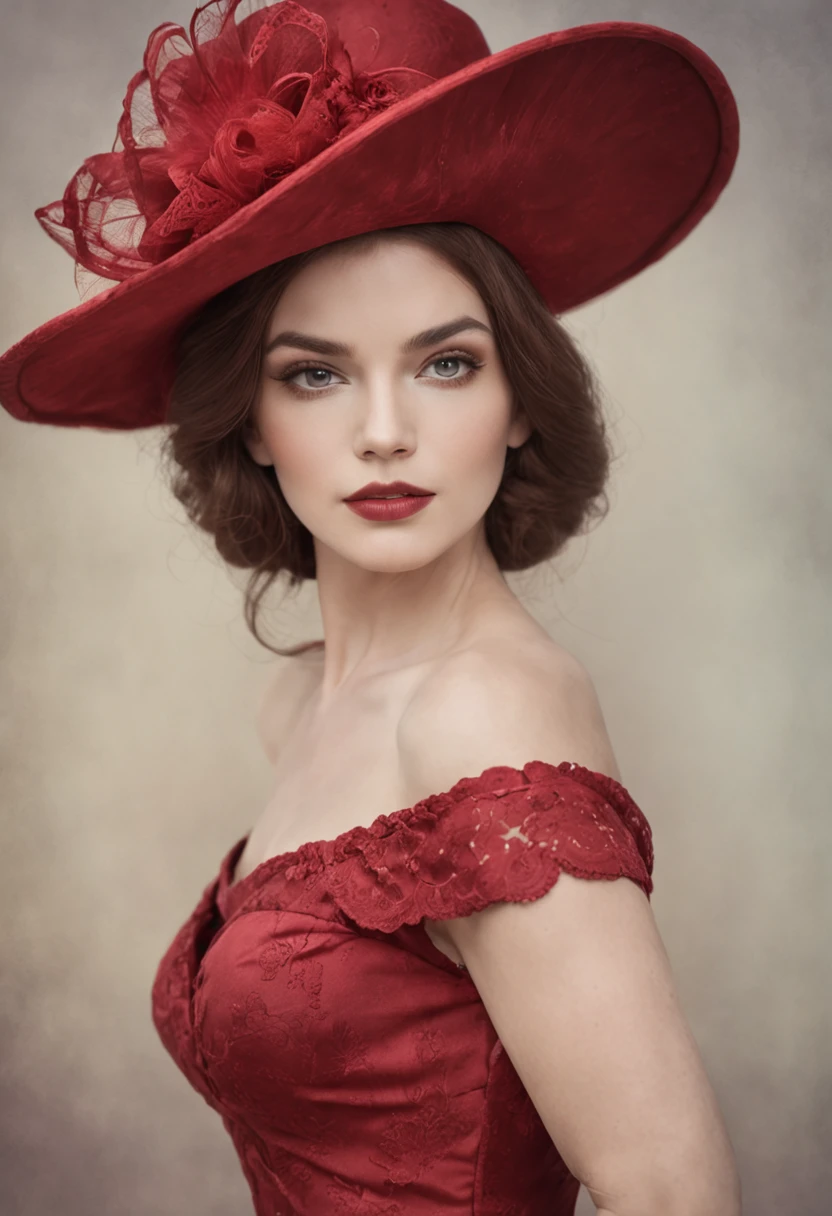 portrait radiant beautiful woman in red hat , victorian stylecapturing the essence of beauty from a stunning portrait in ((watercolor)) tones looking straight ahead in (((dark light background)) modelo fantasy art
