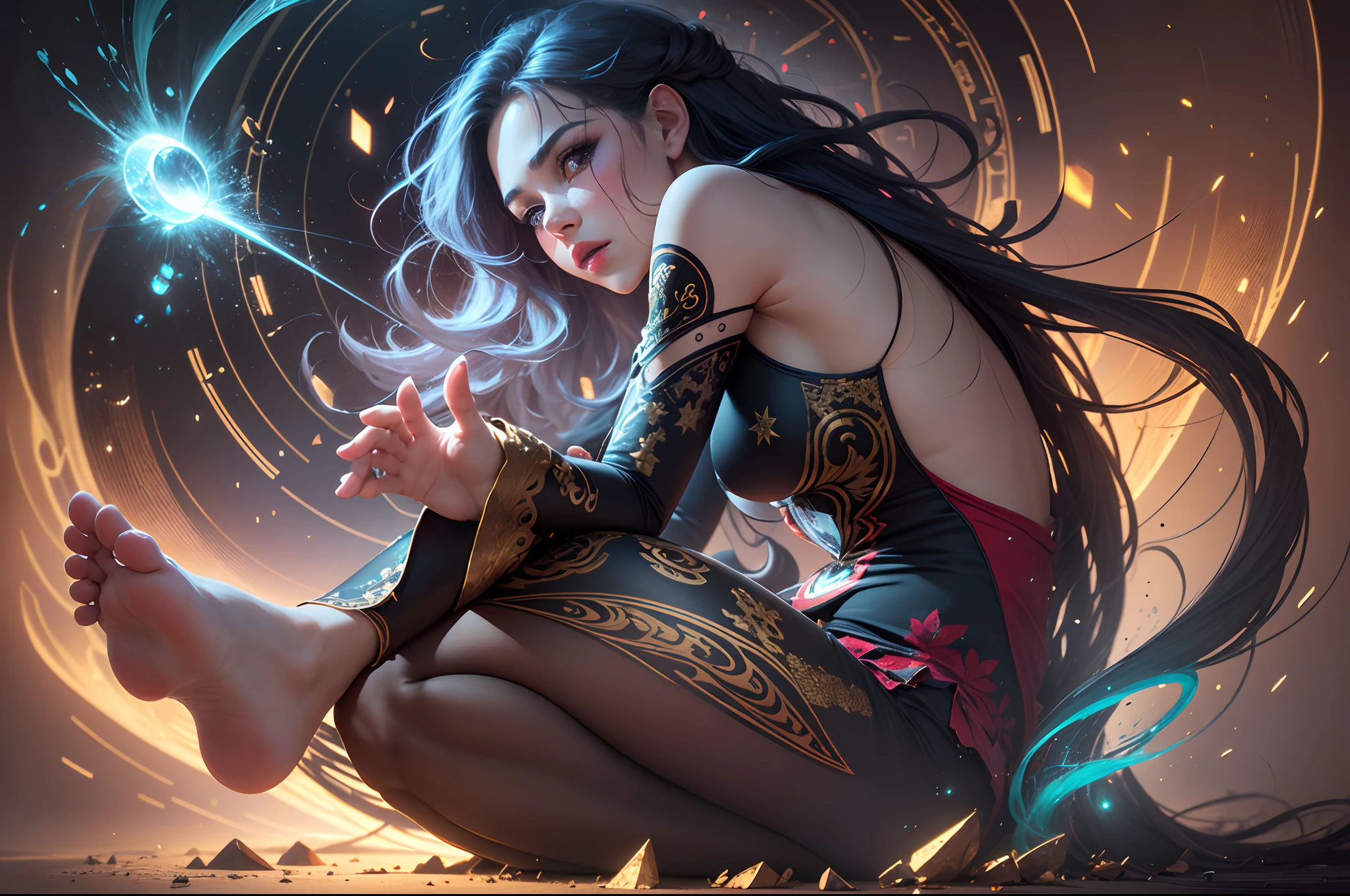 Close-up, ((beautiful woman in gilded pajamas with black and red pattern and ornament meditates)), in the background a magical portal shrouded in a fantastic mist, stunning digital art object, divine atmosphere, diamond glitter, digital art, bright, beautiful, splatter, sparkling, cute and charming, stardust, gold dust particles, filigree, edge lighting, luminous, magical, surreal, sci-fi, multicolored paint splatter, outline, detail, fantasy, unreal engine, perfectly drawn toes, perfect toes, perfect fingers, perfect feet, perfect face, perfect eyes, intricate detail, background, complementary colors, fantasy concept art, high detail, sharp focus, muted colors, perfect lips, bright, cinematic, masterpiece, atmospheric, high resolution, vivid, dynamic studio lighting, pan-and-shift camera, broken glass effect --auto --s2