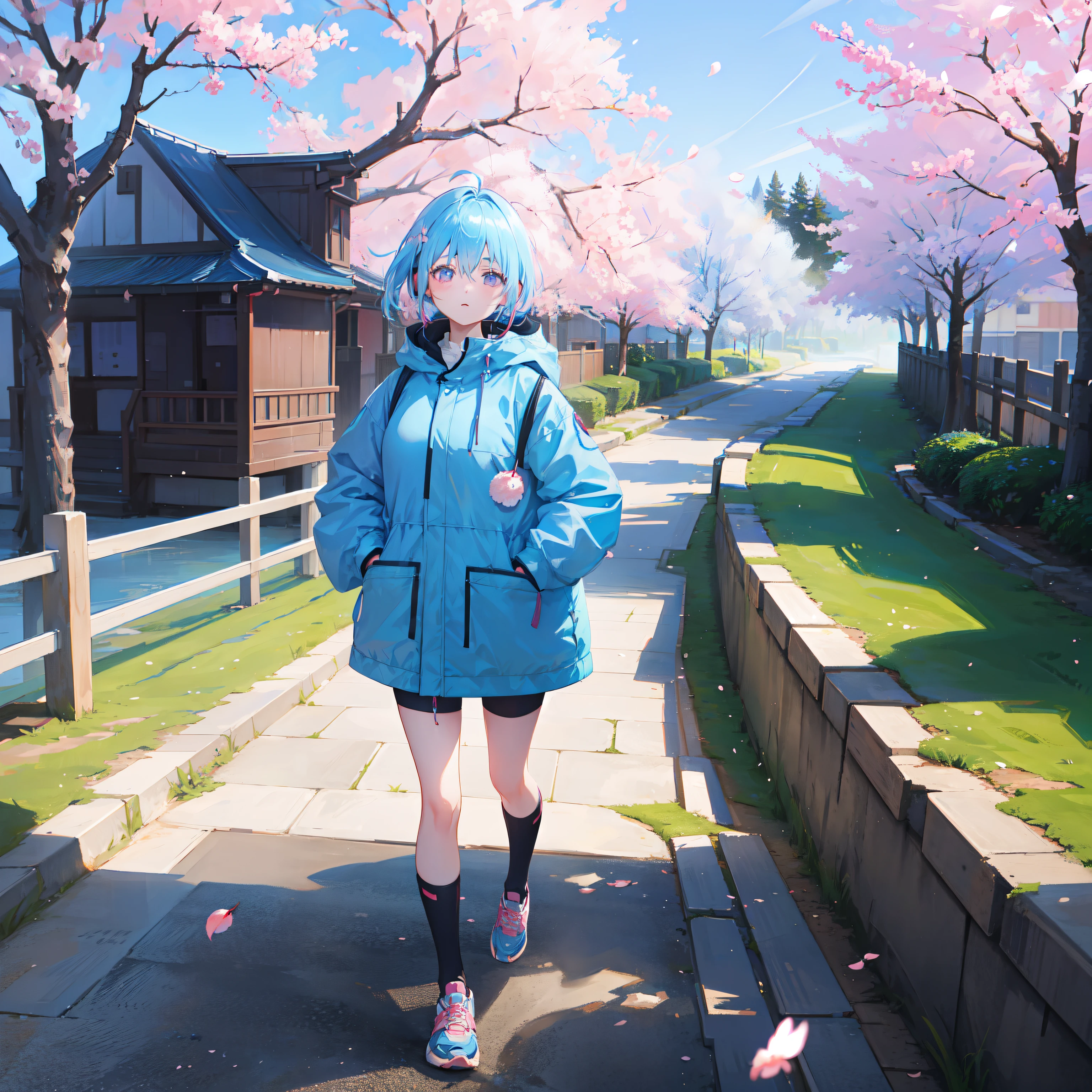 Woman with short light blue hair running、A path lined with flourishing cherry blossom trees、parka、Wearing earphones、sharp eyebrows、big eye、Dark eyelashes、（Supreme details）、（Top image quality）、（Background with＝Colorful cherry blossom colors）