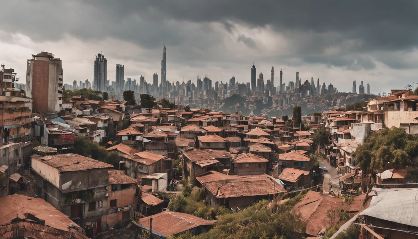 A vista de uma estrada, uma cidade arruinada com estilo Cyberpunk