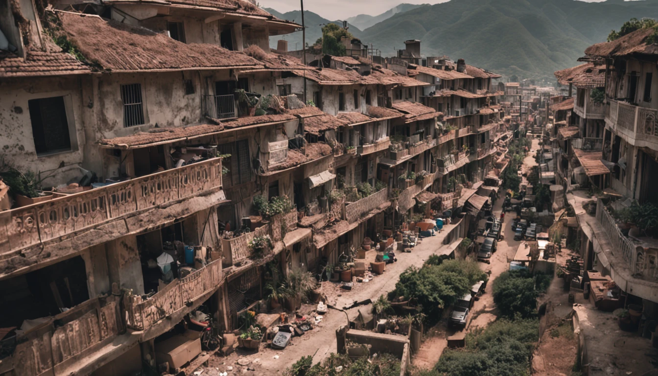 A vista de uma estrada, uma cidade arruinada com estilo Cyberpunk
