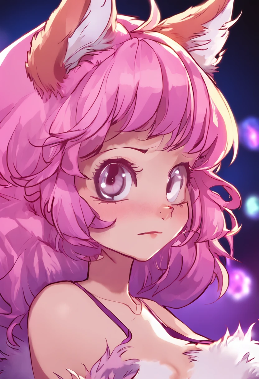 1girl in, Fox fur, Furry, Round bell hair ornament、medium breasts, front facing, (White fox ears), Tube Top, Portrait, Purple background, Short hair, fluffy big hair, (bright pink hair) Curly hair, (((hair over eyes))), Highest Quality, Adult, masutepiece, absurderes, (Furry:1.5), Curve, ???, Foxtail, (けもの:1.4), Saturated color, :P-side