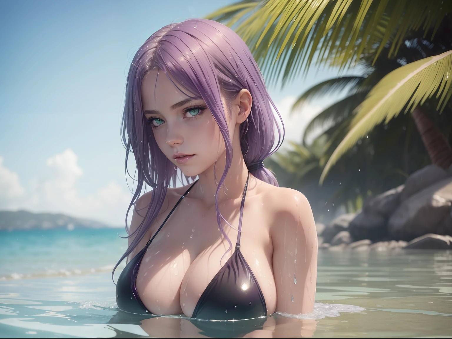 1girl, green eyes, long light lilac purple hair, dripping wet, soaking wet, sitting in shallow water at beach, big boobs, cleavage, black bikini, off center, sitting to the side of the photo, sunny, small waist, beach, close up, realistic, detailed eyes