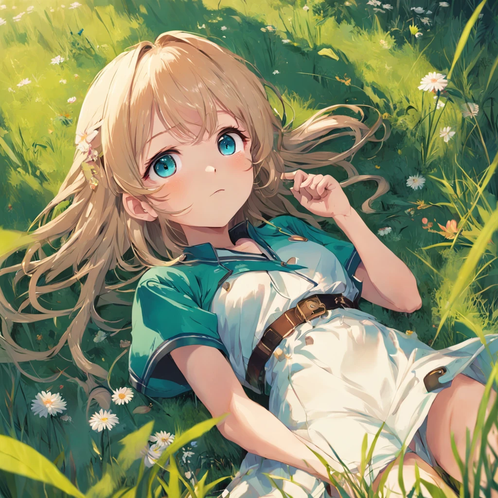 tmasterpiece,best qualtiy,high detal,style of anime,A cute girl lying on the grass。
