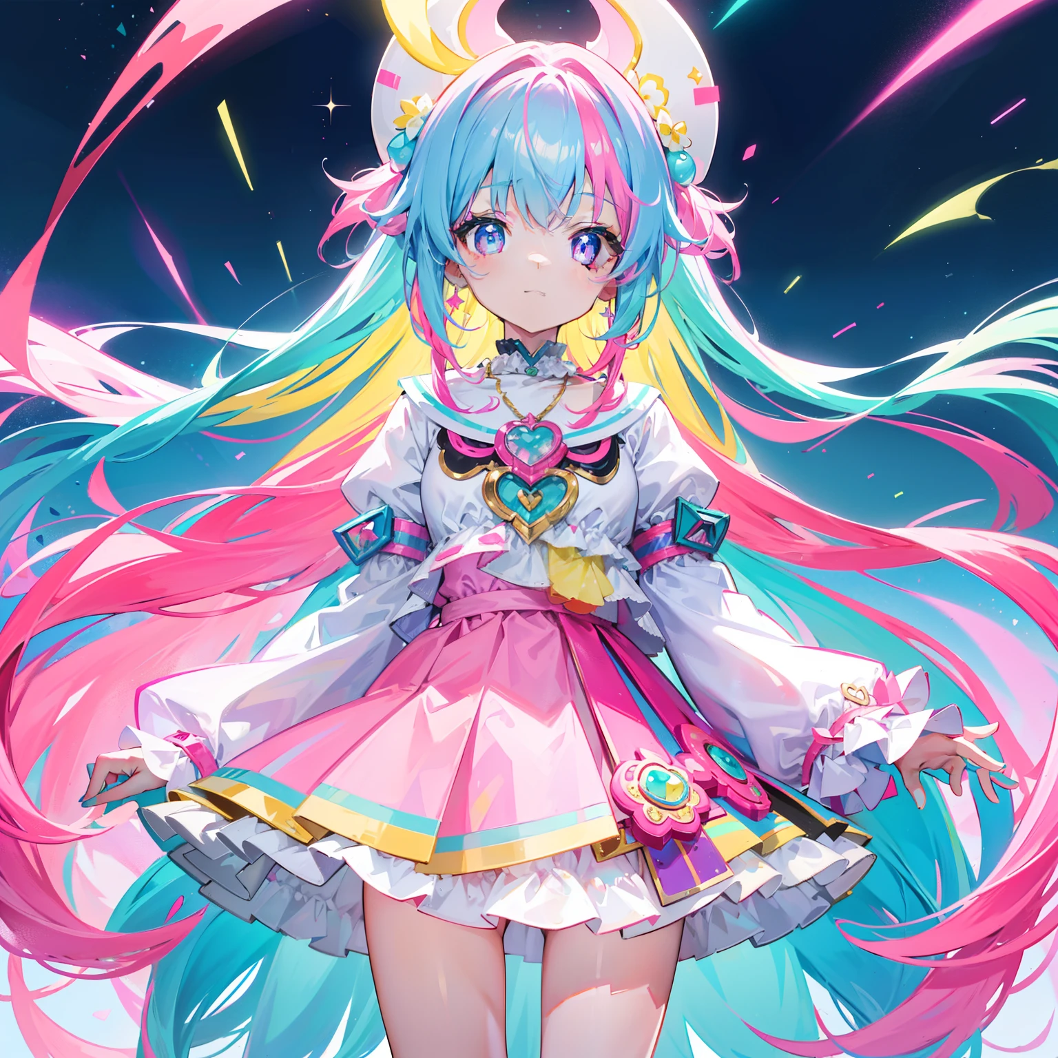 A multicolored light background，Long hair with a bright pink purple transparent gum texture，in pink、Matching blue and white clothes，yellow and greens，Cyan matching accessory pendant embellishment，It is a very sweet and sweet li girl