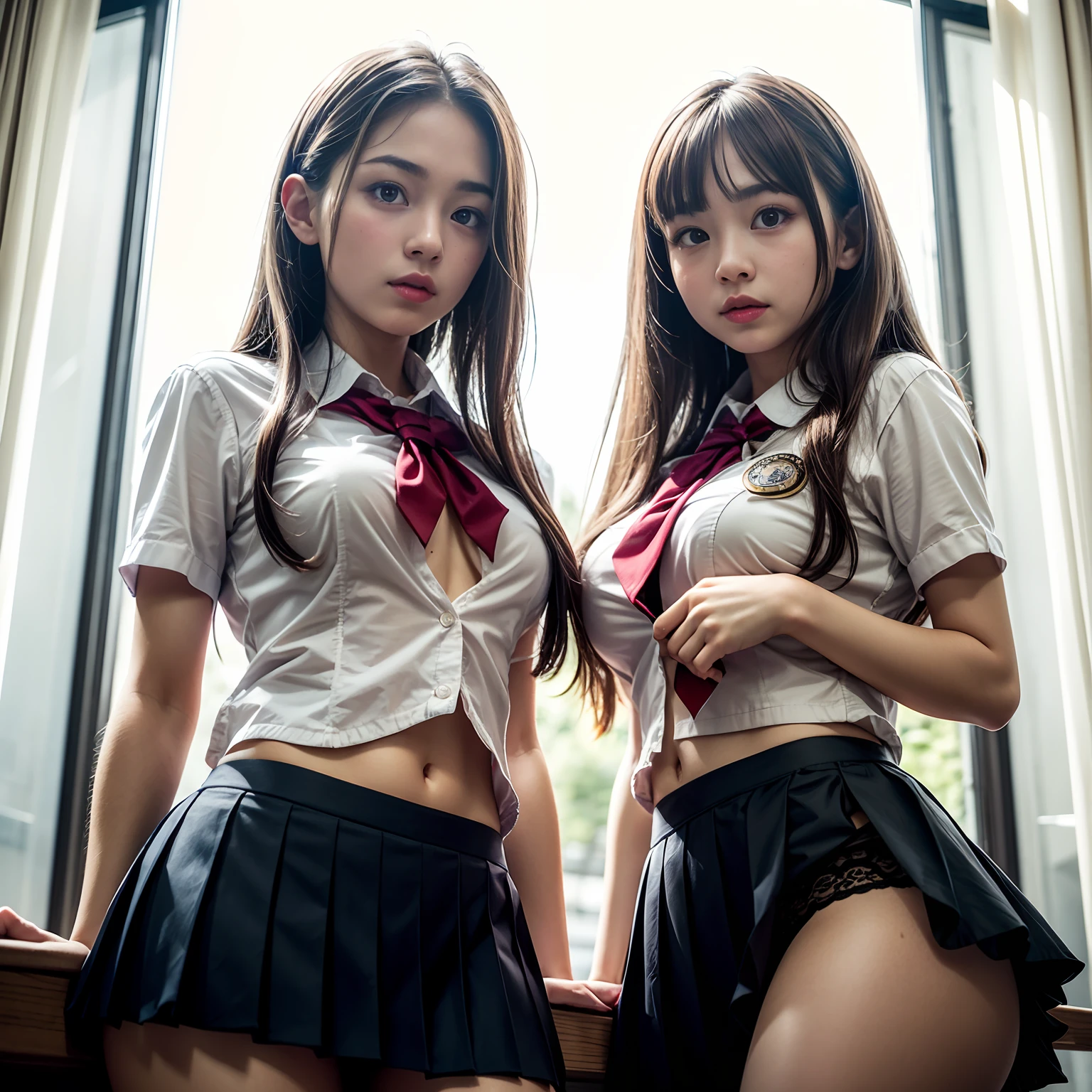 2 young girls, Super beautiful detail face, Staring at me, slightly open your mouth, Shyly smile, Multiple girls, RAW photo, (Best quality:1.2), Masterpiece, 8K, High details, A high resolution, with the highest quality, High-definition RAW color photo, professional photoshooting, Cinematic light, (Fine face:1.2), (Beautiful breasts:1.2), (Summer high school uniform,Chest open:1.3), Beautiful breasts, girl portrait, (Panties), Classroom, (((Bokeh))), depth of fields, (View from below:1.2),