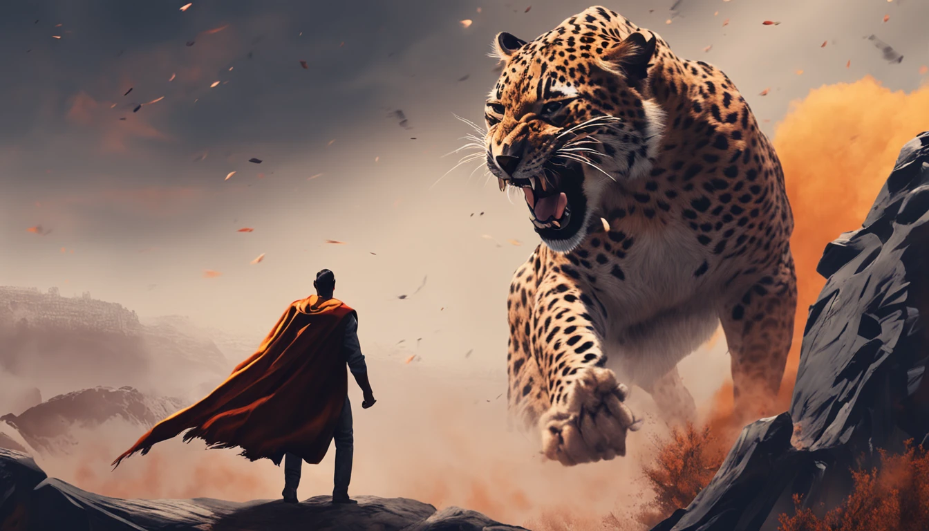 MAKE A HAND-DRAWN IMAGE OF A MAN IN A CAPE FIGHTING WITH A FEROCIOUS LEOPARD ON A MOUNTAIN.