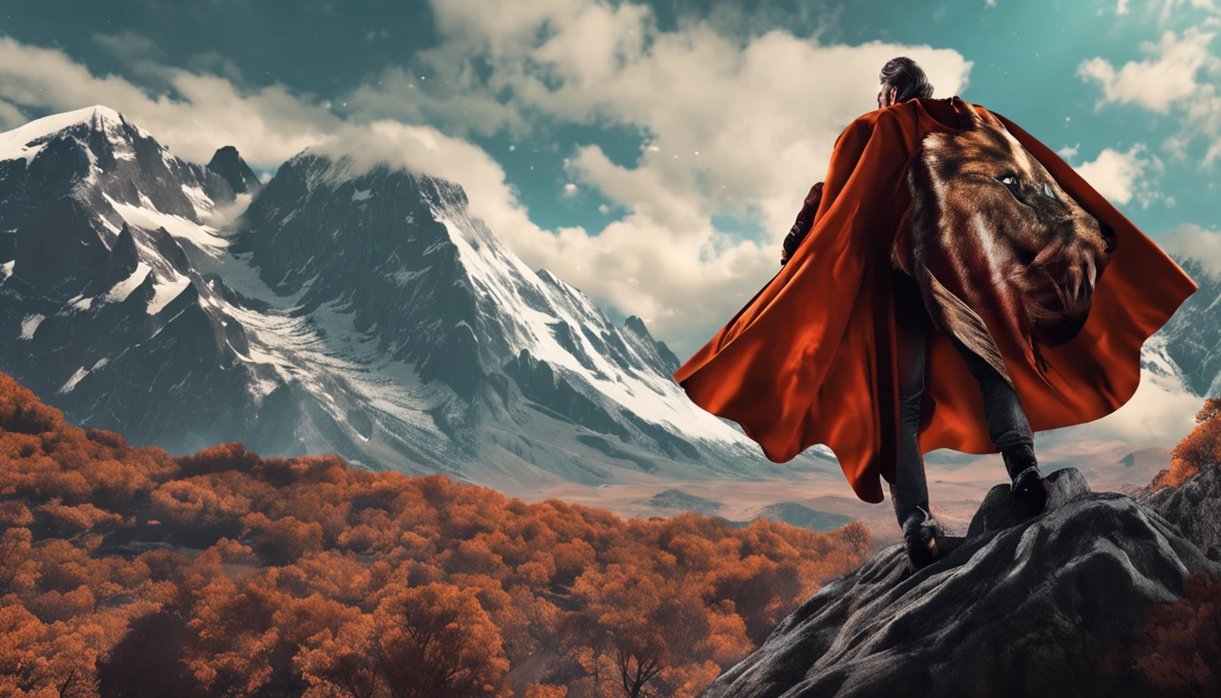 MAKE A HAND-DRAWN IMAGE OF A MAN IN A CAPE FIGHTING WITH A FEROCIOUS LEOPARD ON A MOUNTAIN.