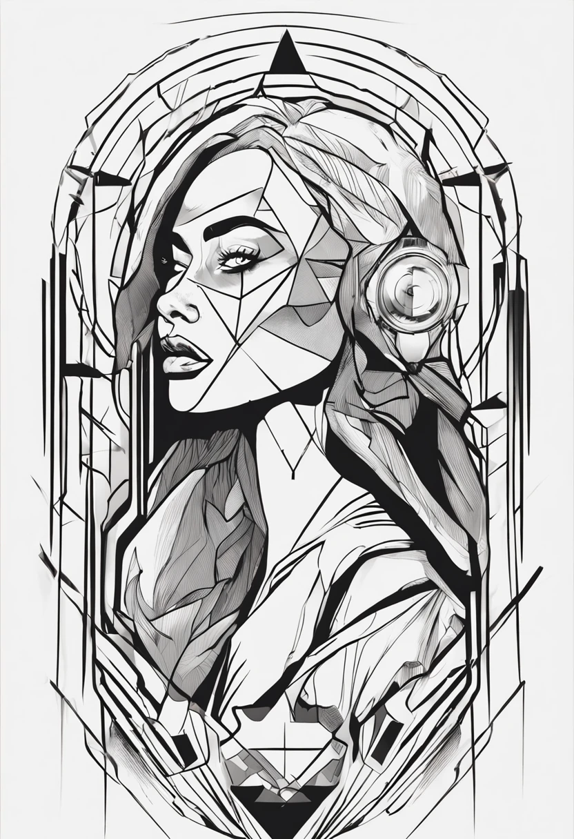 Geometric sexy woman with Psi sign on forehead, with a serious and fierce expression in black and white realistic style