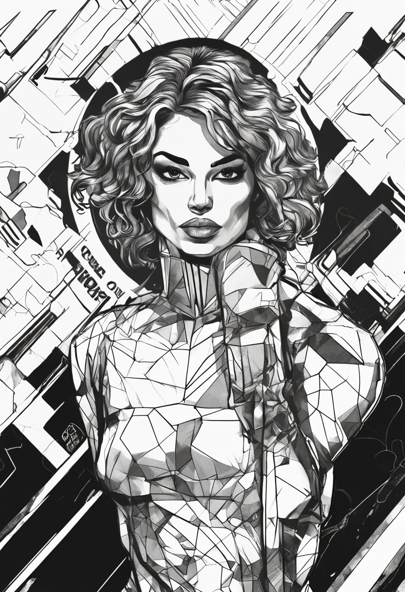 Geometric sexy woman with Psi sign on forehead, with a serious and fierce expression in black and white realistic style