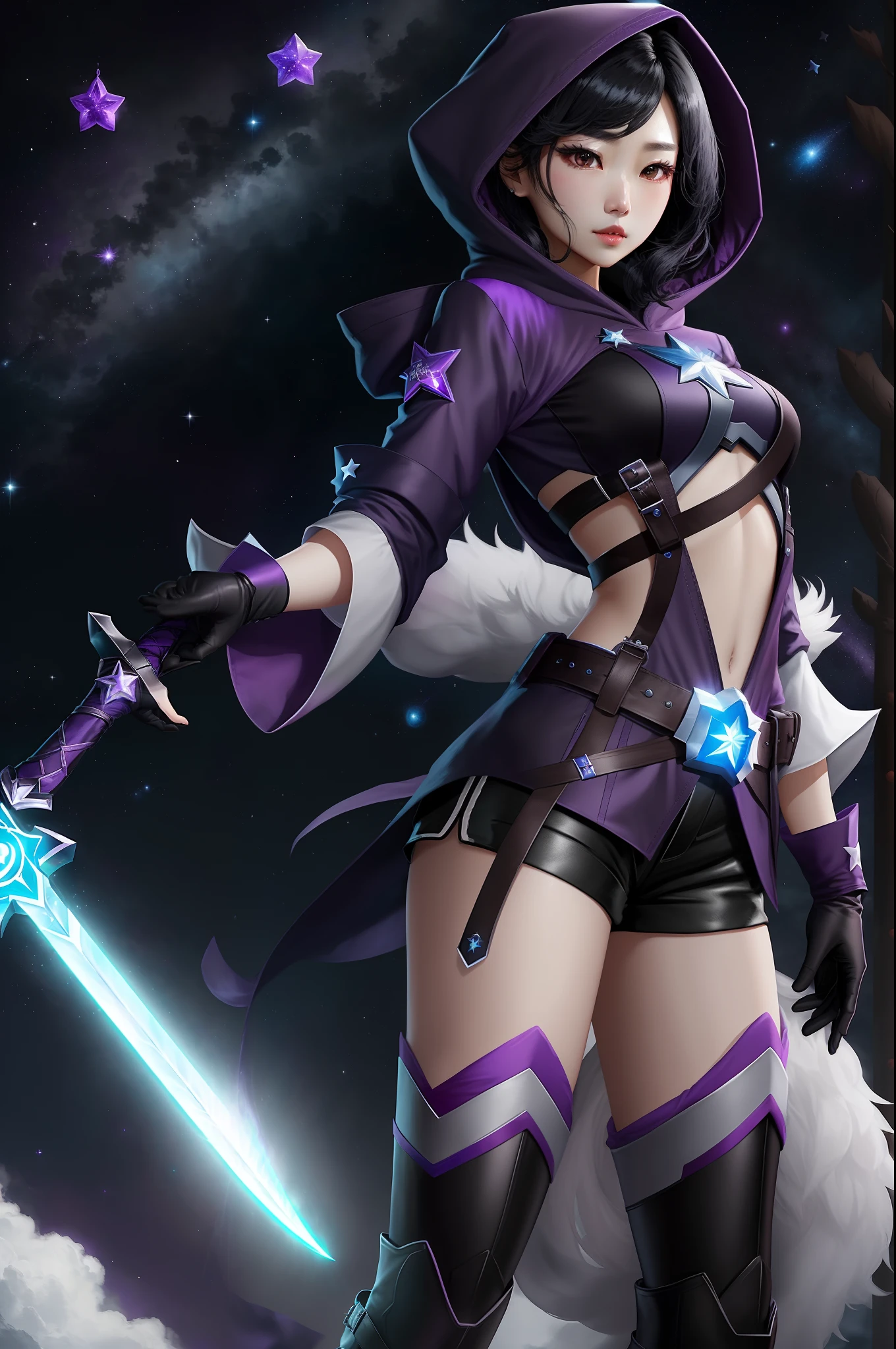 create a  korean heroine named celestial captain, she has black hair and wears elegant black gloves and boots, black shorts, purple shirt with star design, purple hood and holds a star sword (full body)