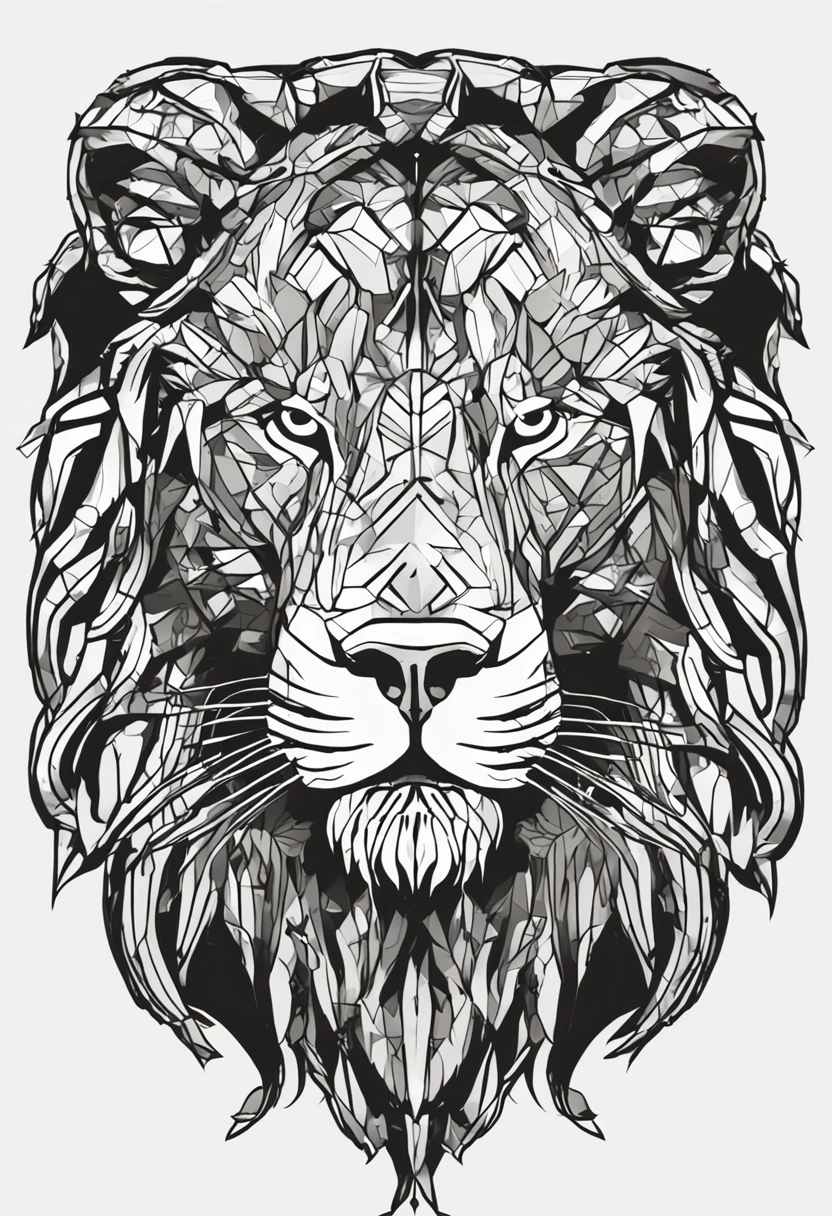 Geometric Leon with Psi sign on the forehead, with a serious and fierce expression in black and white realistic style