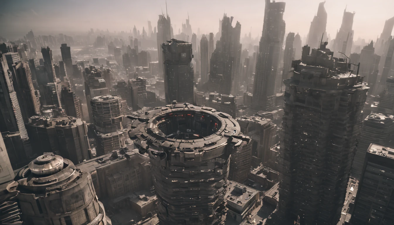 The view from a road, an apocalyptic city with Cyberpunk style