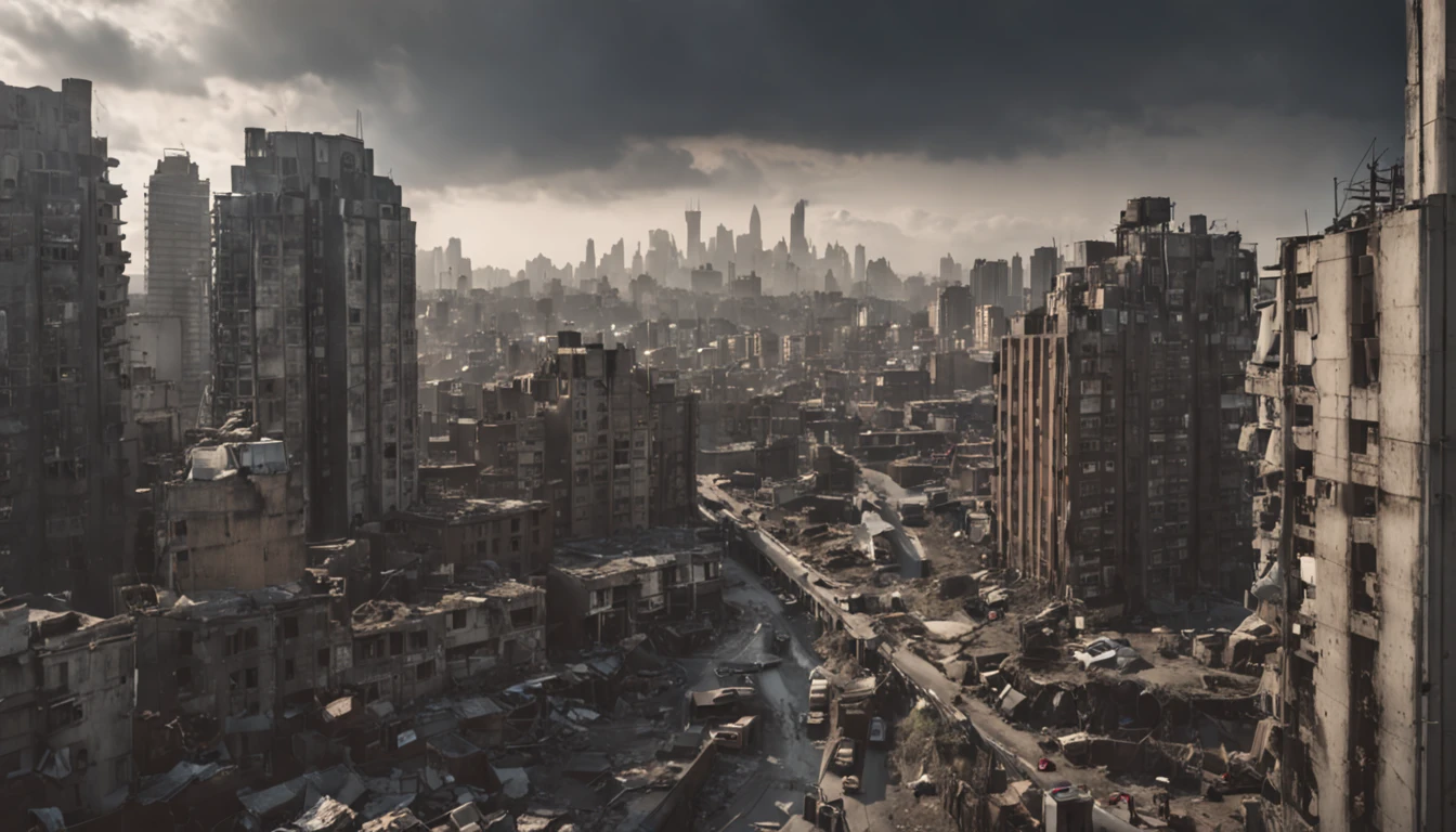 The view from a road, an apocalyptic city with Cyberpunk style