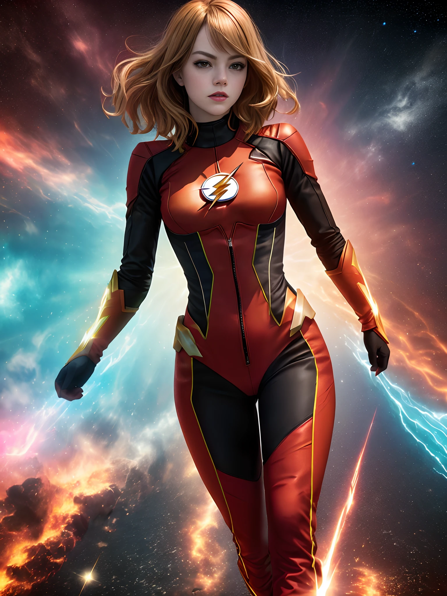 Emma Stone cosplay de o flash | | | |, uniforme de armadura vermelha, no fundo uma cidade, detalhes ultra, Ultra realista, cinemactic, octan render, 16k,(((Red jumpsuit with yellow ray on the chest))) Correndo em alta velocidade