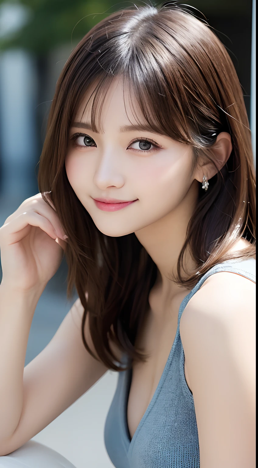 masutepiece, Best Quality, Illustration, Ultra-detailed, finely detail, hight resolution, 8K Wallpaper, Perfect dynamic composition, Beautiful detailed eyes, Women's Fashion Summer,Medium Hair,Small breasts natural color lip, Bold sexy poses,Smile,Harajuku、20 years girl、Cute、Sexy shot looking at camera