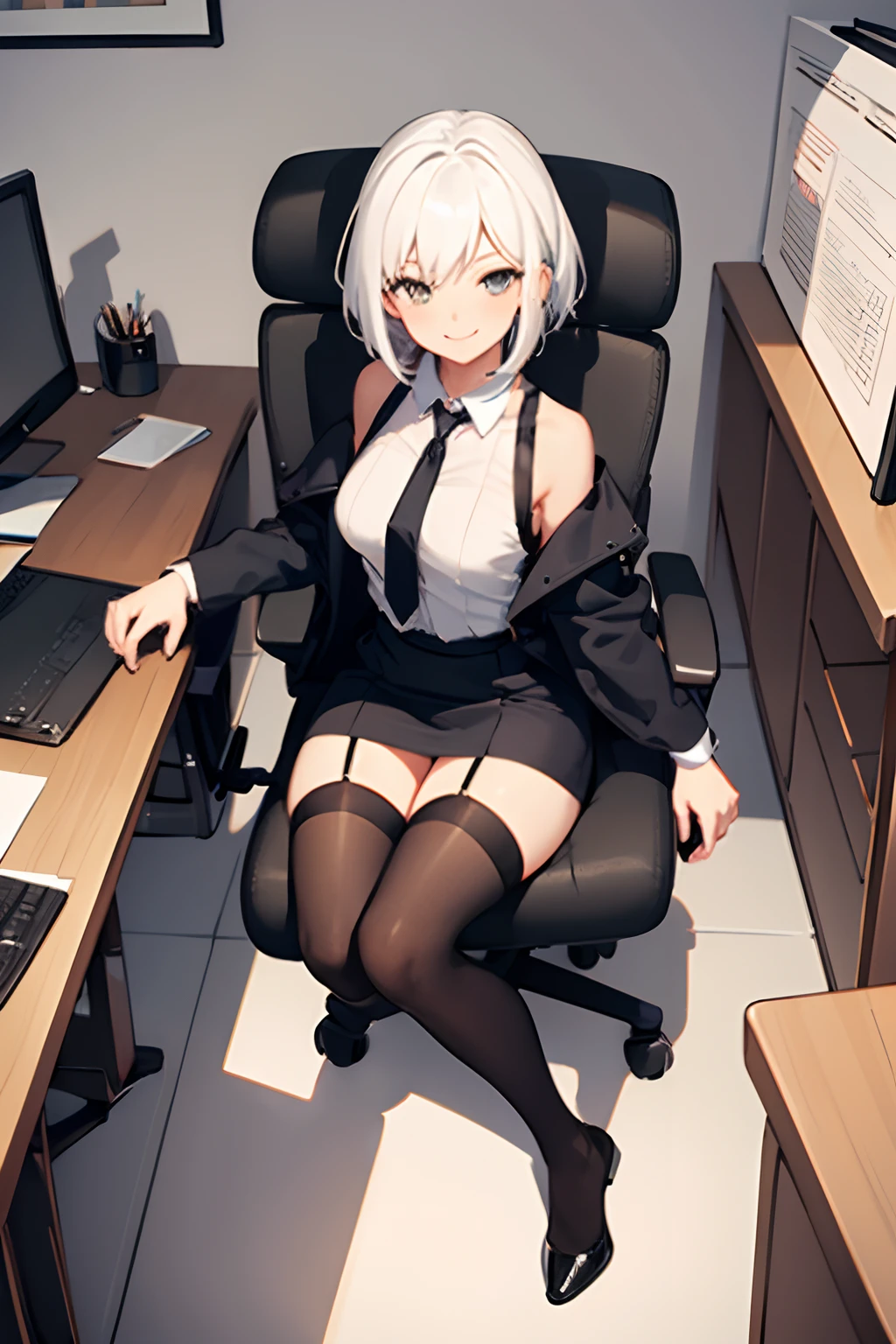 1girl, white hair, seductive smile, medium breasts, black thigh highs, neck tie, secretary outfit, office clothes, office room, chair, sitting on chair, full body, from above