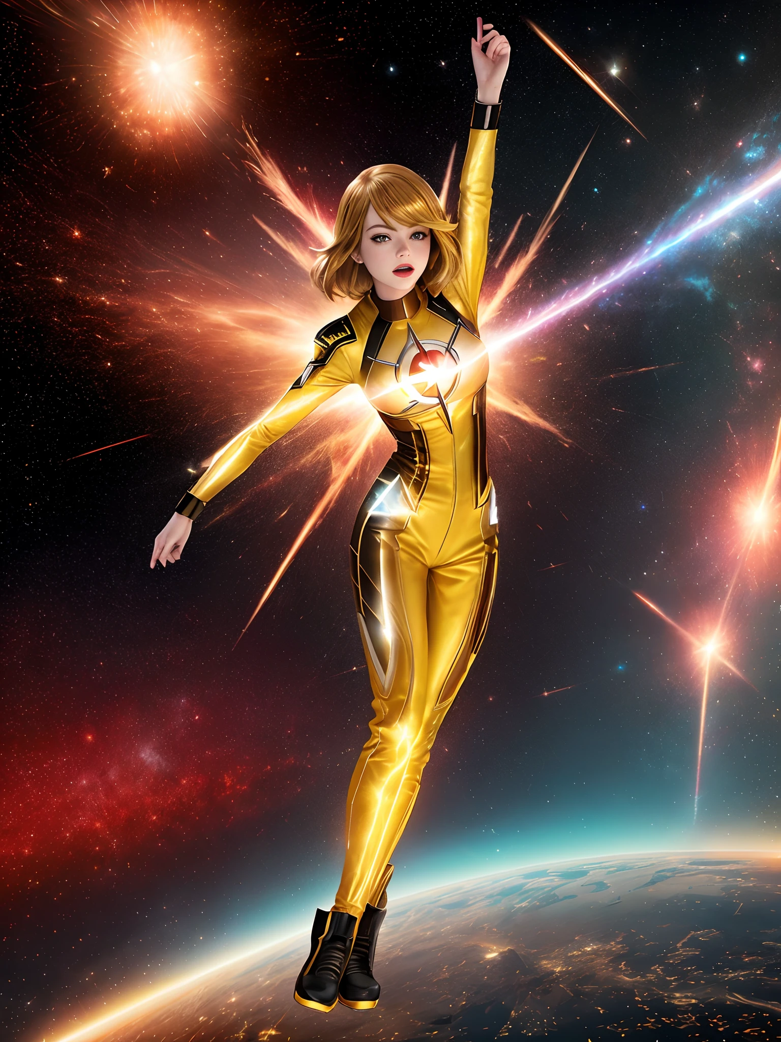 Emma Stone cosplay de o flash | | |, uniforme de armadura vermelha, no fundo uma cidade, detalhes ultra, Ultra realista, cinemactic, octan render, 16k,(((Red jumpsuit with yellow ray on the chest))) Correndo em alta velocidade
