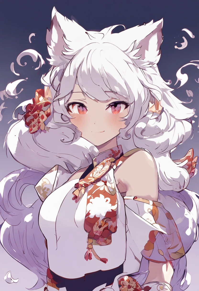 1girl in, Fox fur, Furry, Round bell hair ornament、Smiling expression、Straight ahead, (White fox ears), kimono, Portrait, Purple background, Short hair, (bright white hair) Curly hair, (((hair over eyes))), Highest Quality, Adult, masutepiece, absurderes, (Furry:1.5), Curve, Kid, Foxtail, (けもの:1.4), Saturated color, :P-side